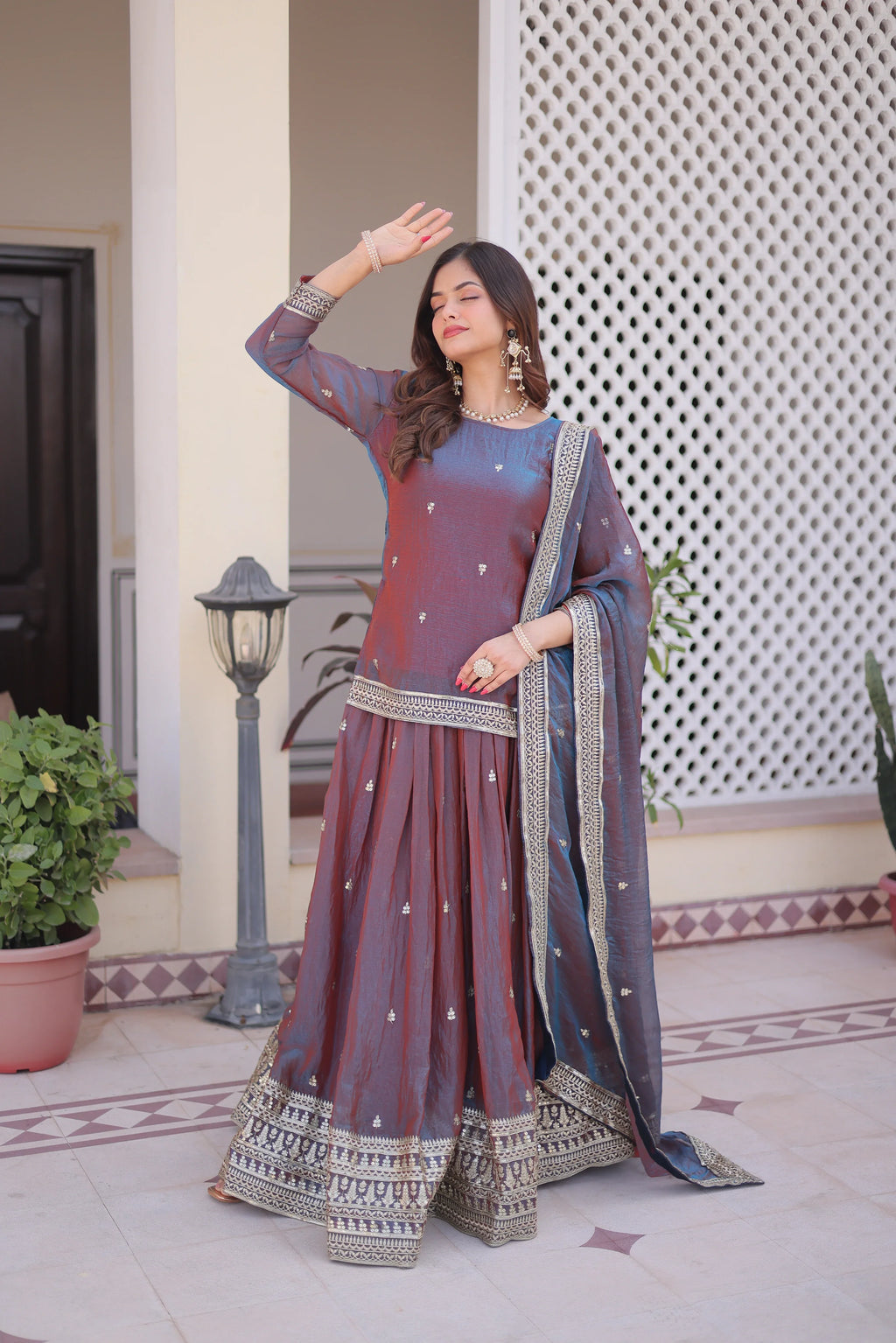 Nevria purple mauve Fendi chiffon lehenga choli with sequins embroidery