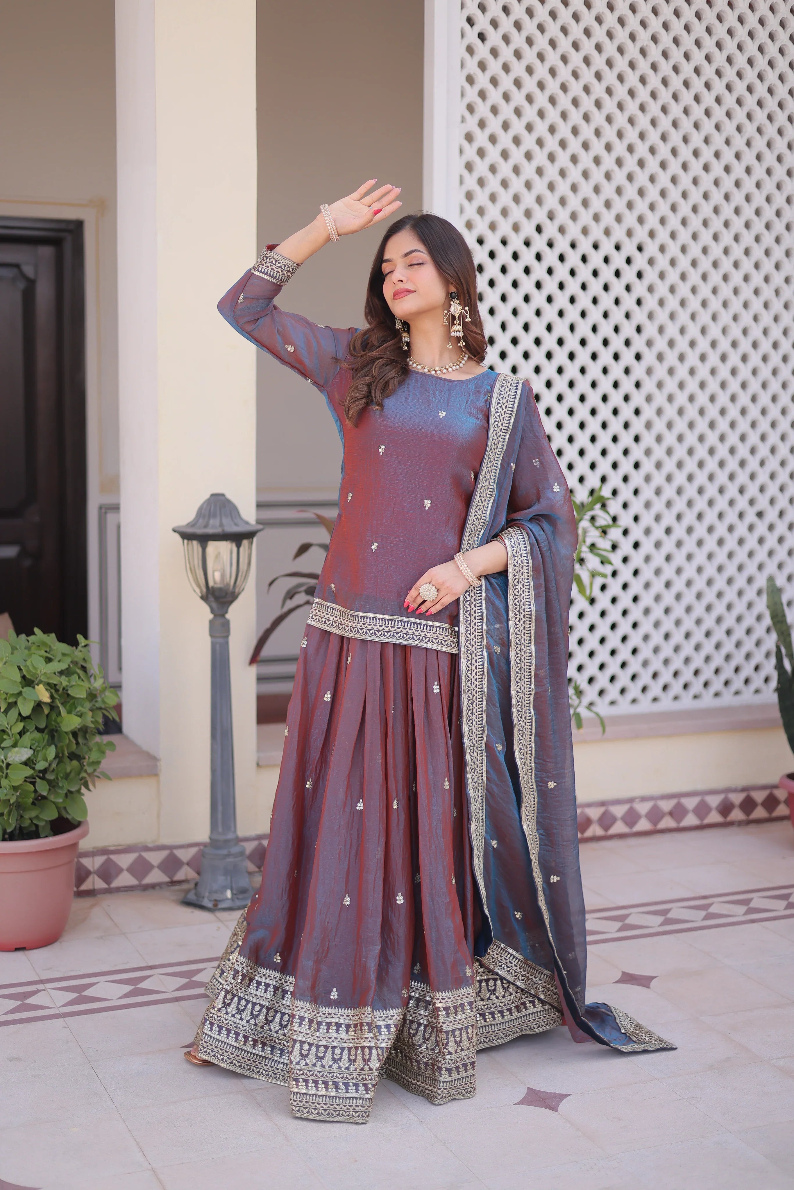 Nevria purple mauve Fendi chiffon lehenga choli with sequins embroidery