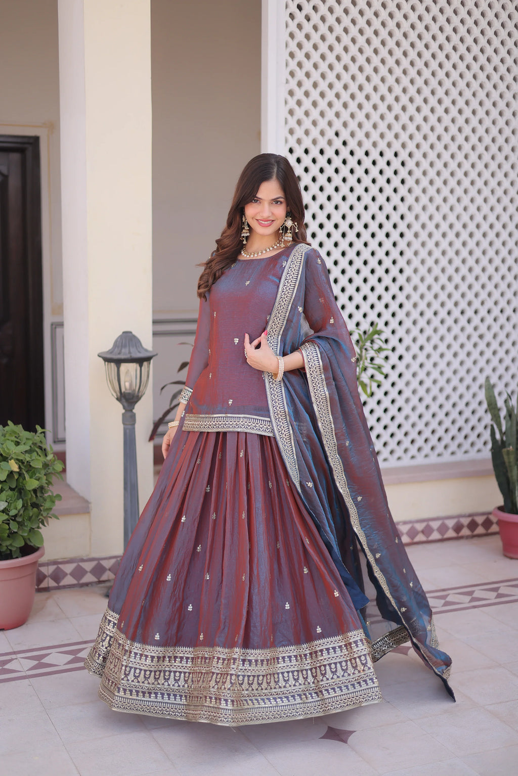 Nevria purple mauve Fendi chiffon lehenga choli with sequins embroidery