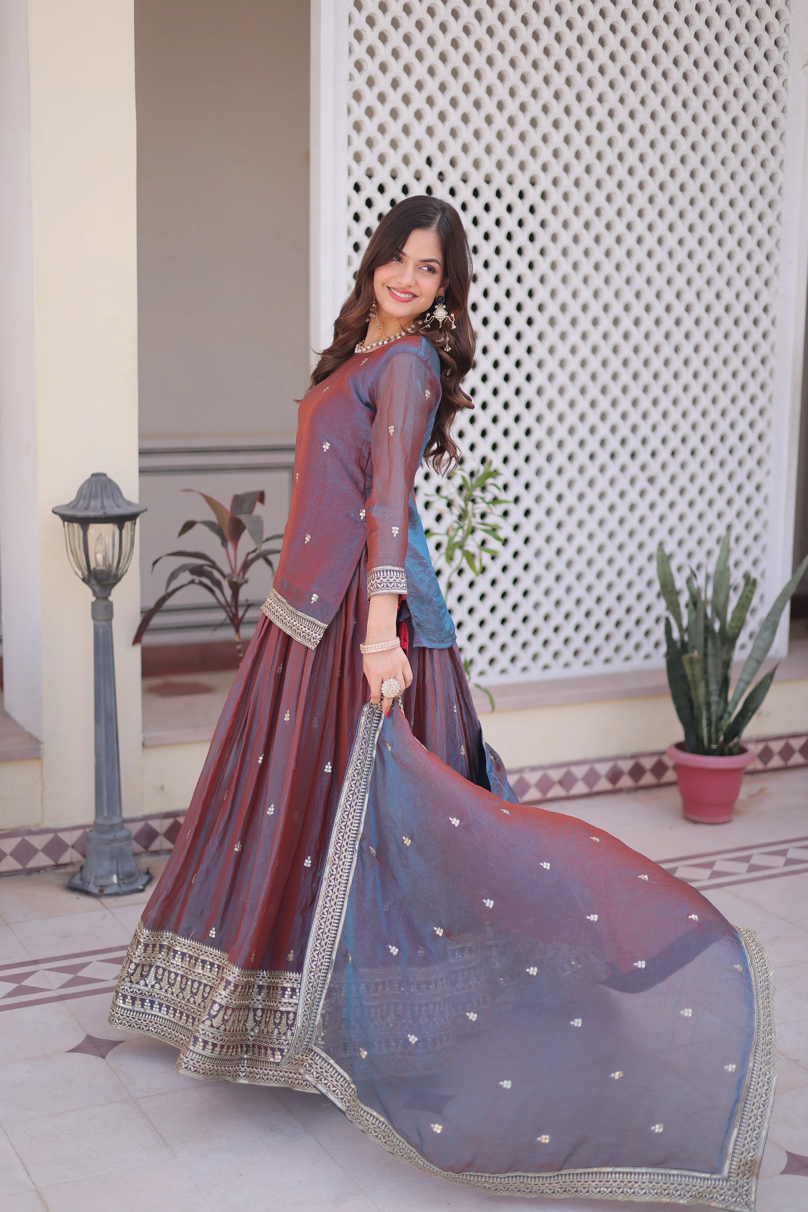 Nevria purple mauve Fendi chiffon lehenga choli with sequins embroidery
