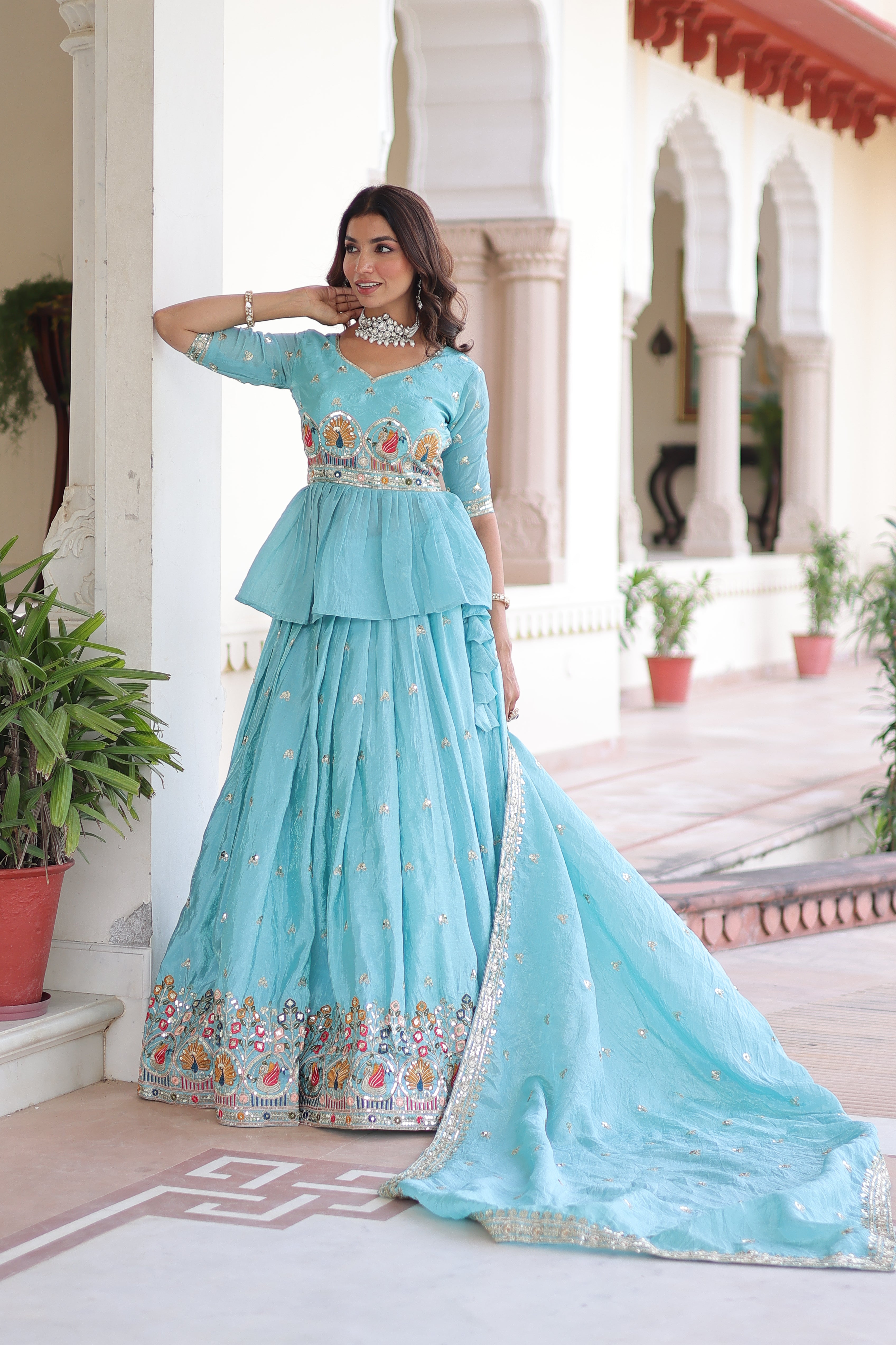 Nimi Sky Blue Gold Crush Embroidery Zari Sequins Work Lehenga Choli