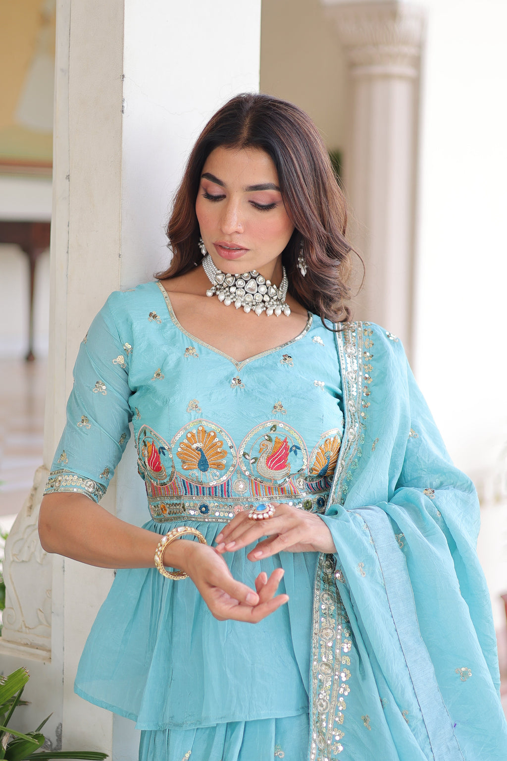 Nimi Sky Blue Gold Crush Embroidery Zari Sequins Work Lehenga Choli