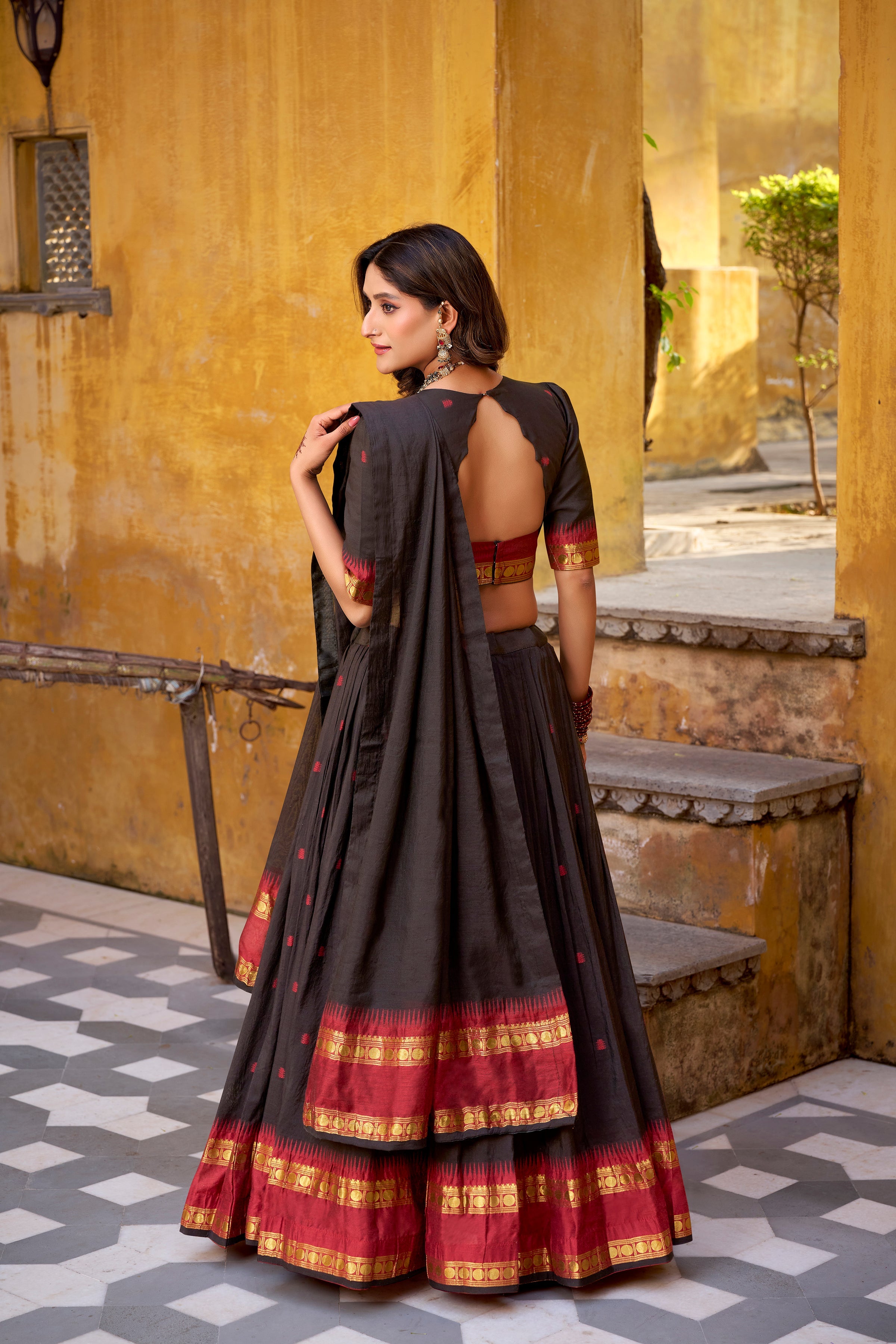 Nitriya black pure Chanderi zari weaving half saree lehenga choli