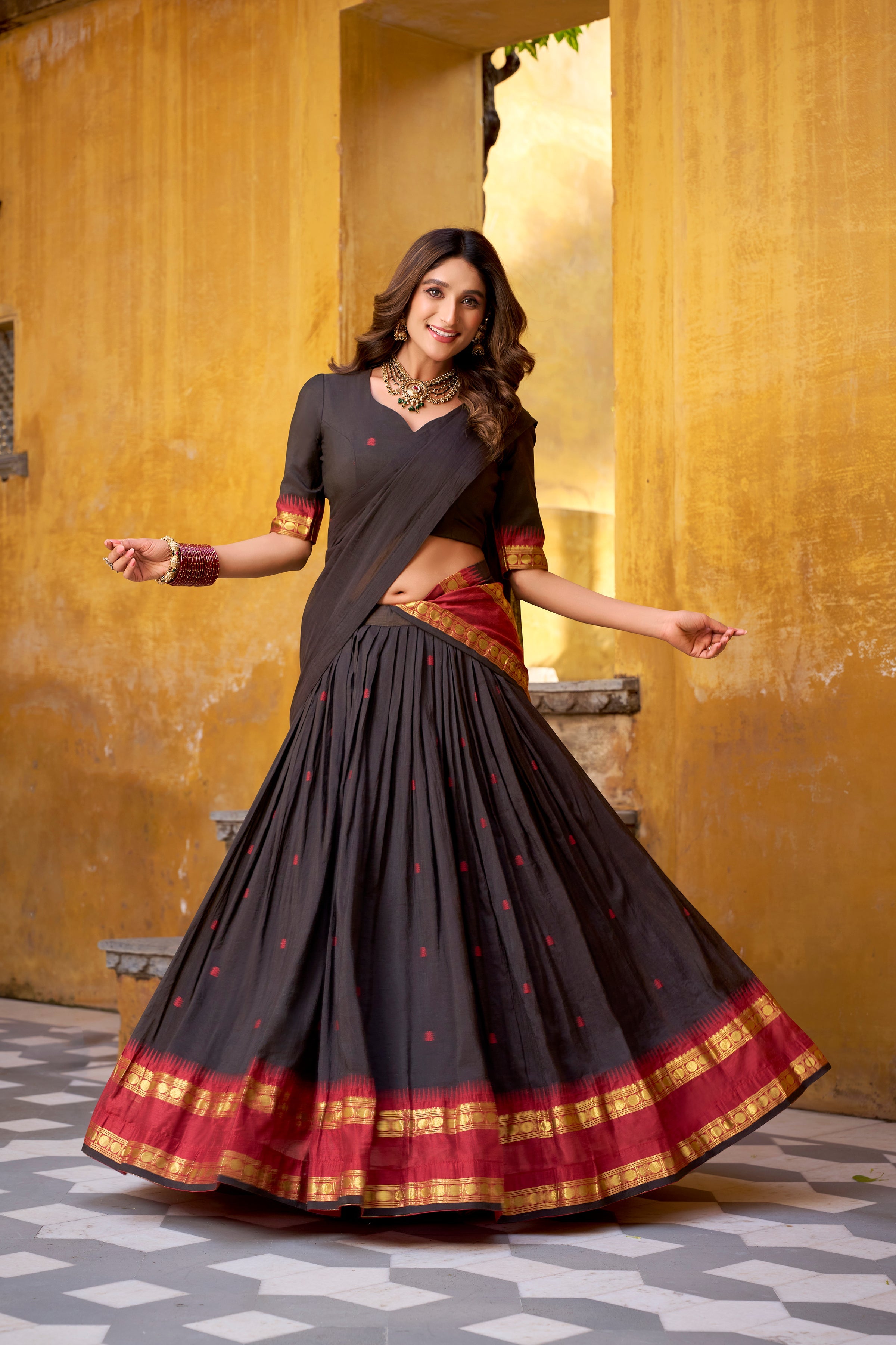 Nitriya black pure Chanderi zari weaving half saree lehenga choli