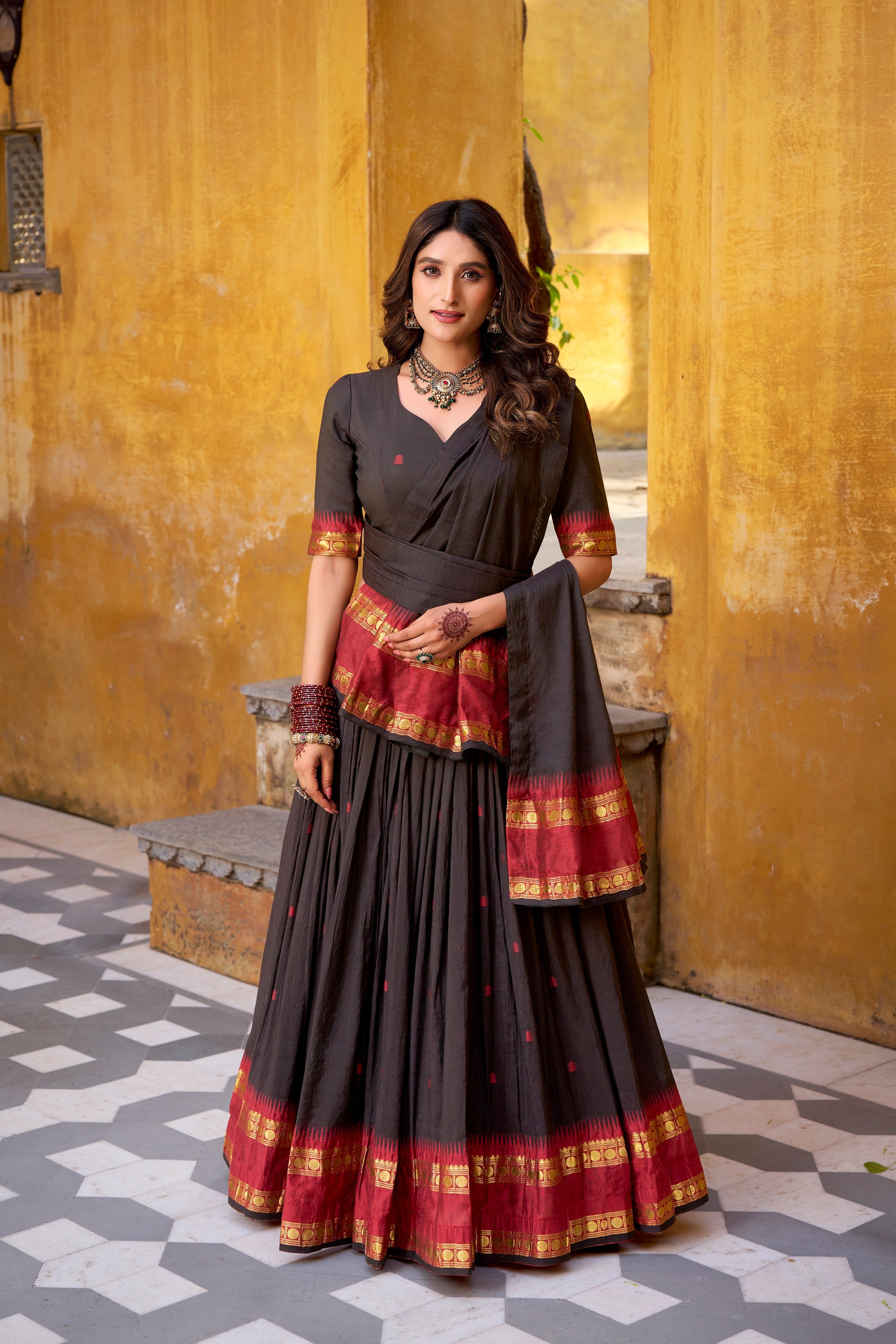 Nitriya black pure Chanderi zari weaving half saree lehenga choli