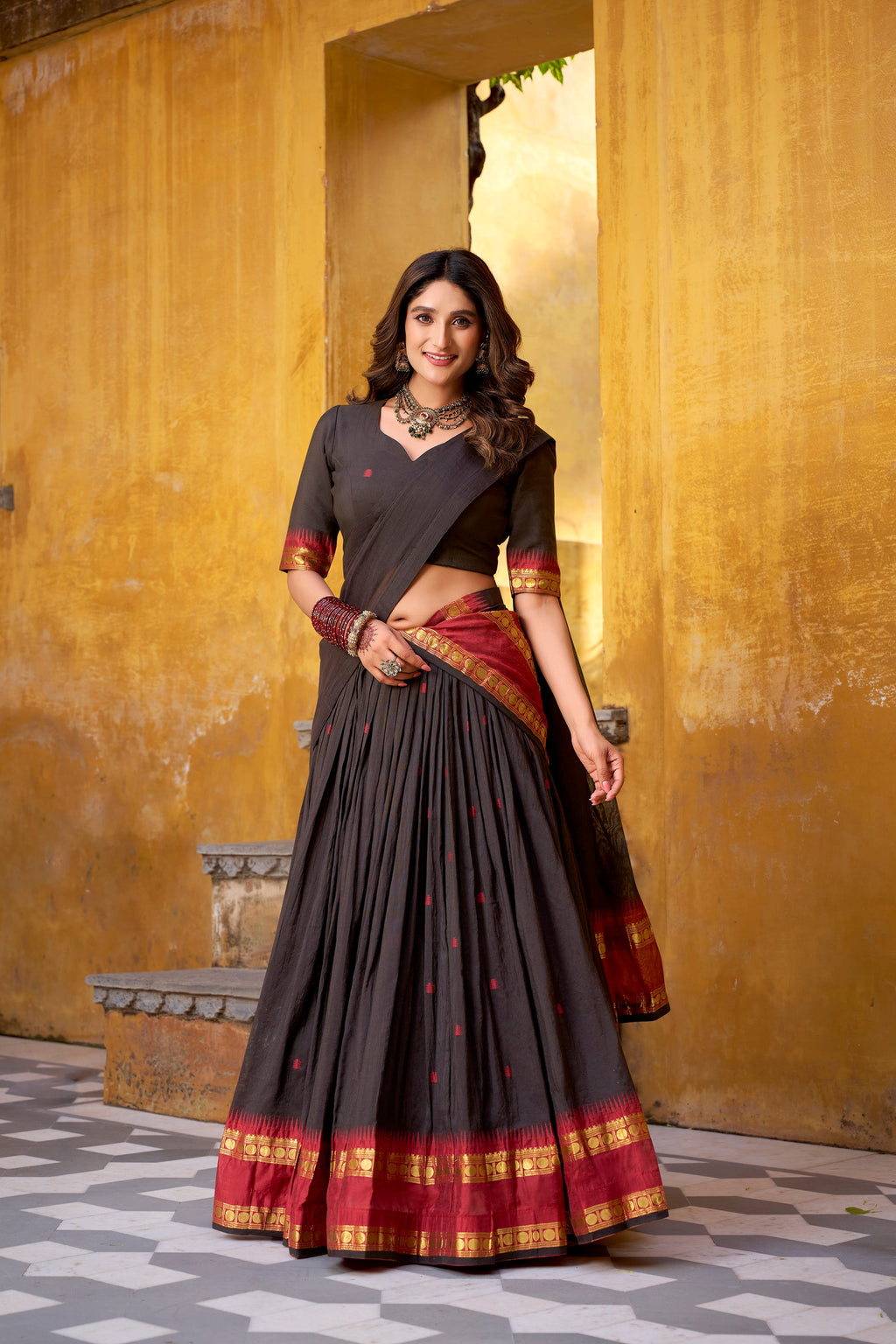 Nitriya black pure Chanderi zari weaving half saree lehenga choli