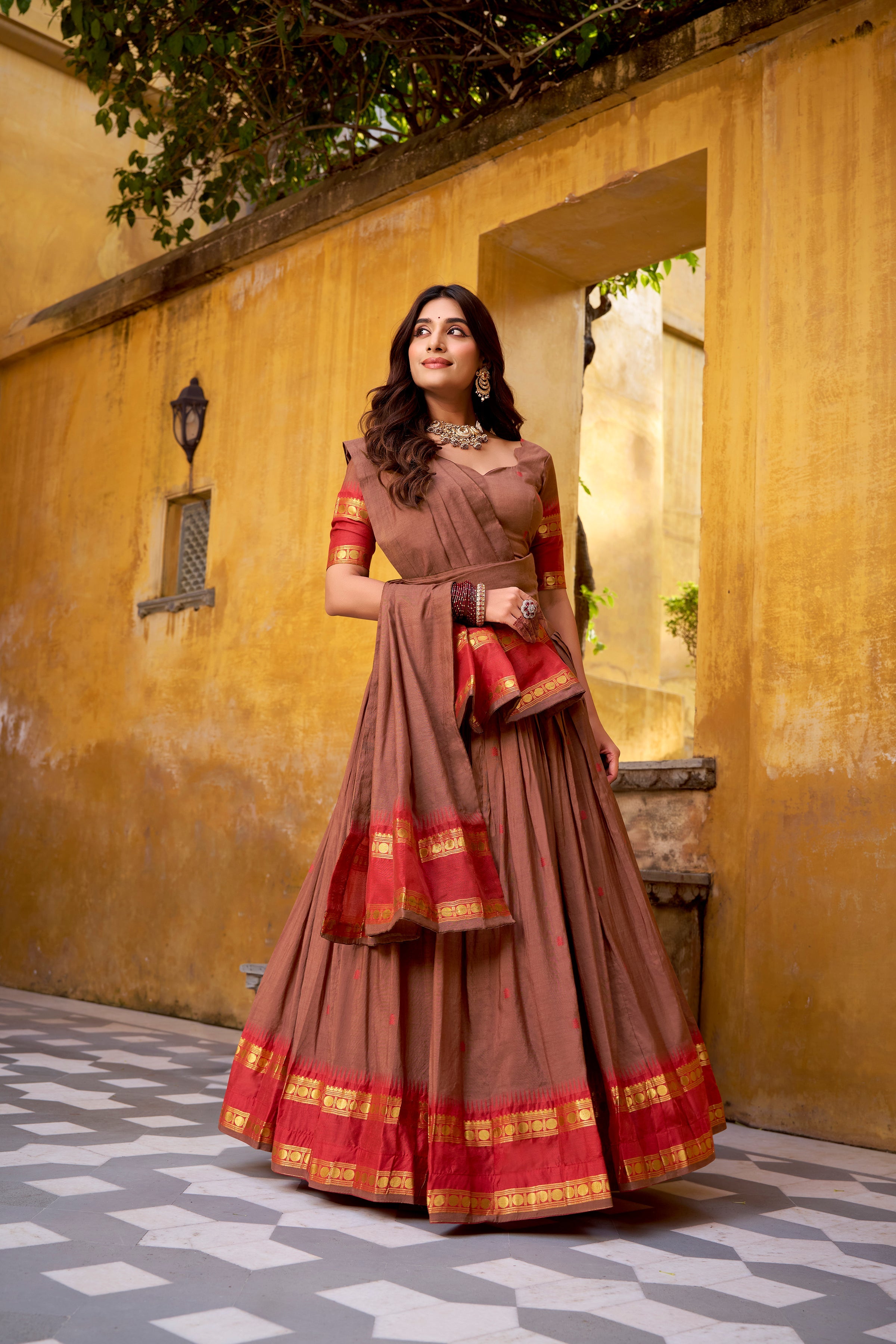 Nitriya brown pure Chanderi zari weaving half saree lehenga choli
