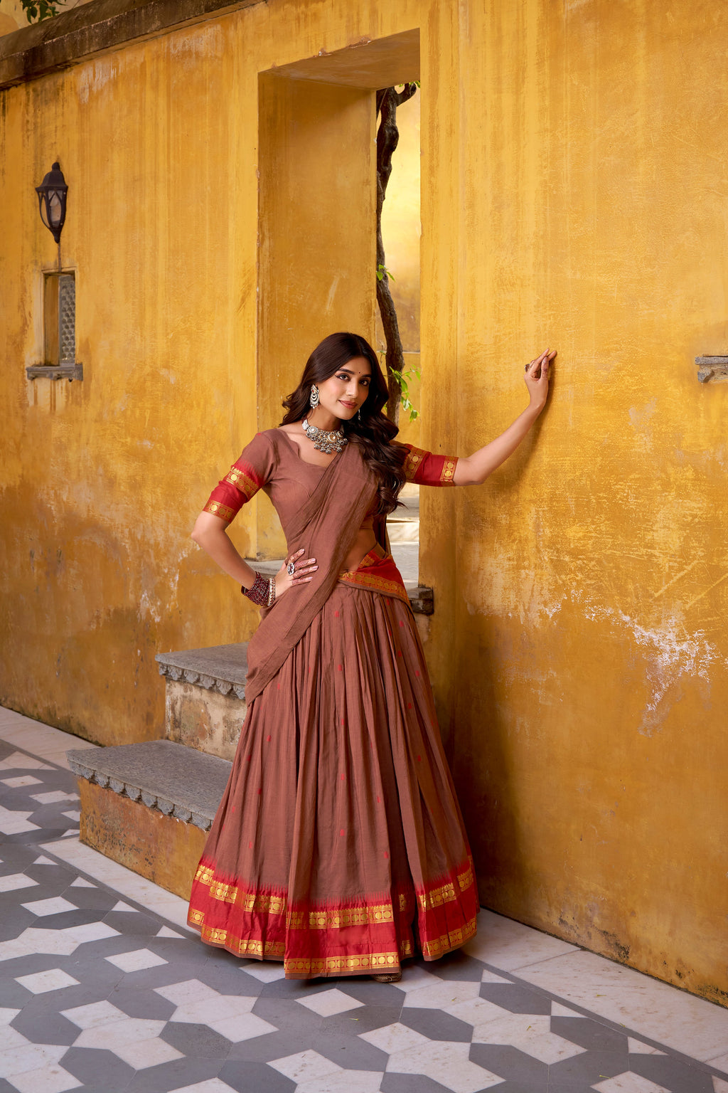 Nitriya brown pure Chanderi zari weaving half saree lehenga choli