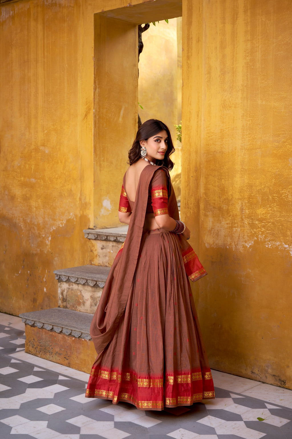 Nitriya brown pure Chanderi zari weaving half saree lehenga choli