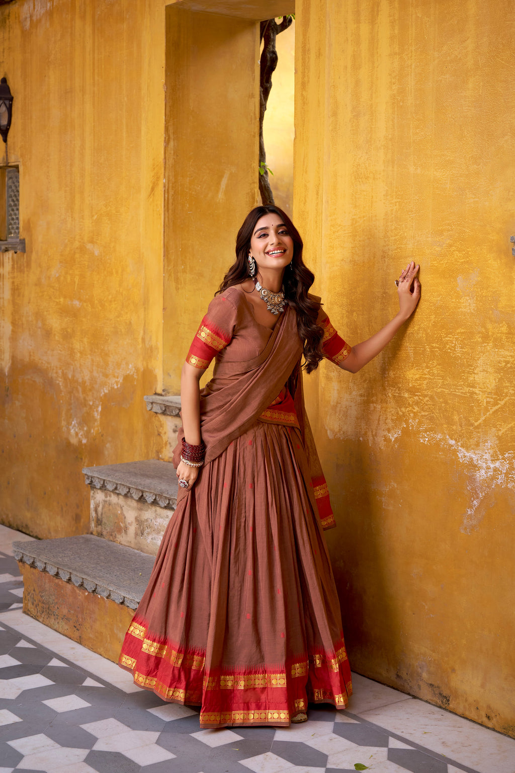 Nitriya brown pure Chanderi zari weaving half saree lehenga choli