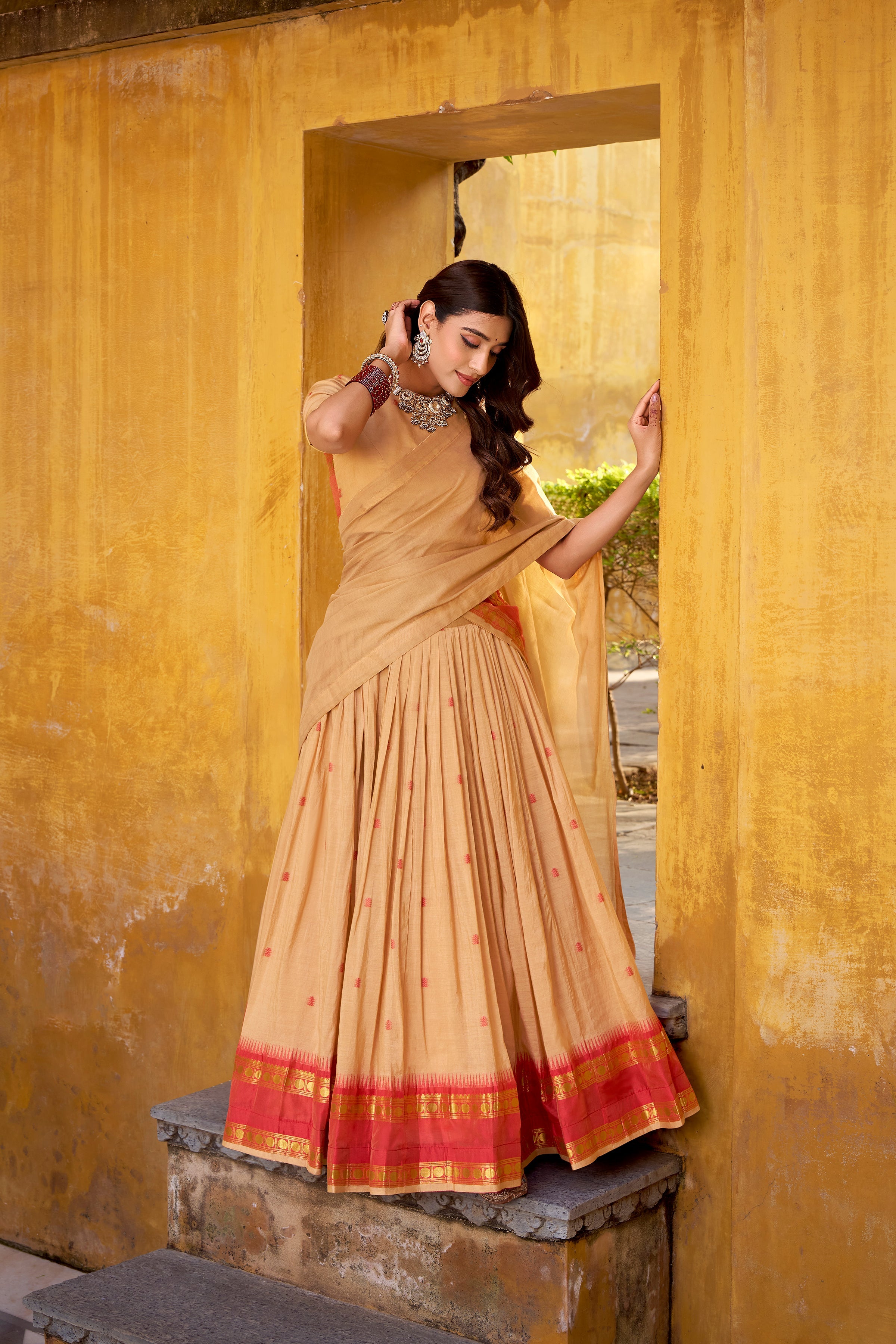 Nitriya Cream Color Pure Chanderi Zari Weaving Half Saree Lehenga Choli