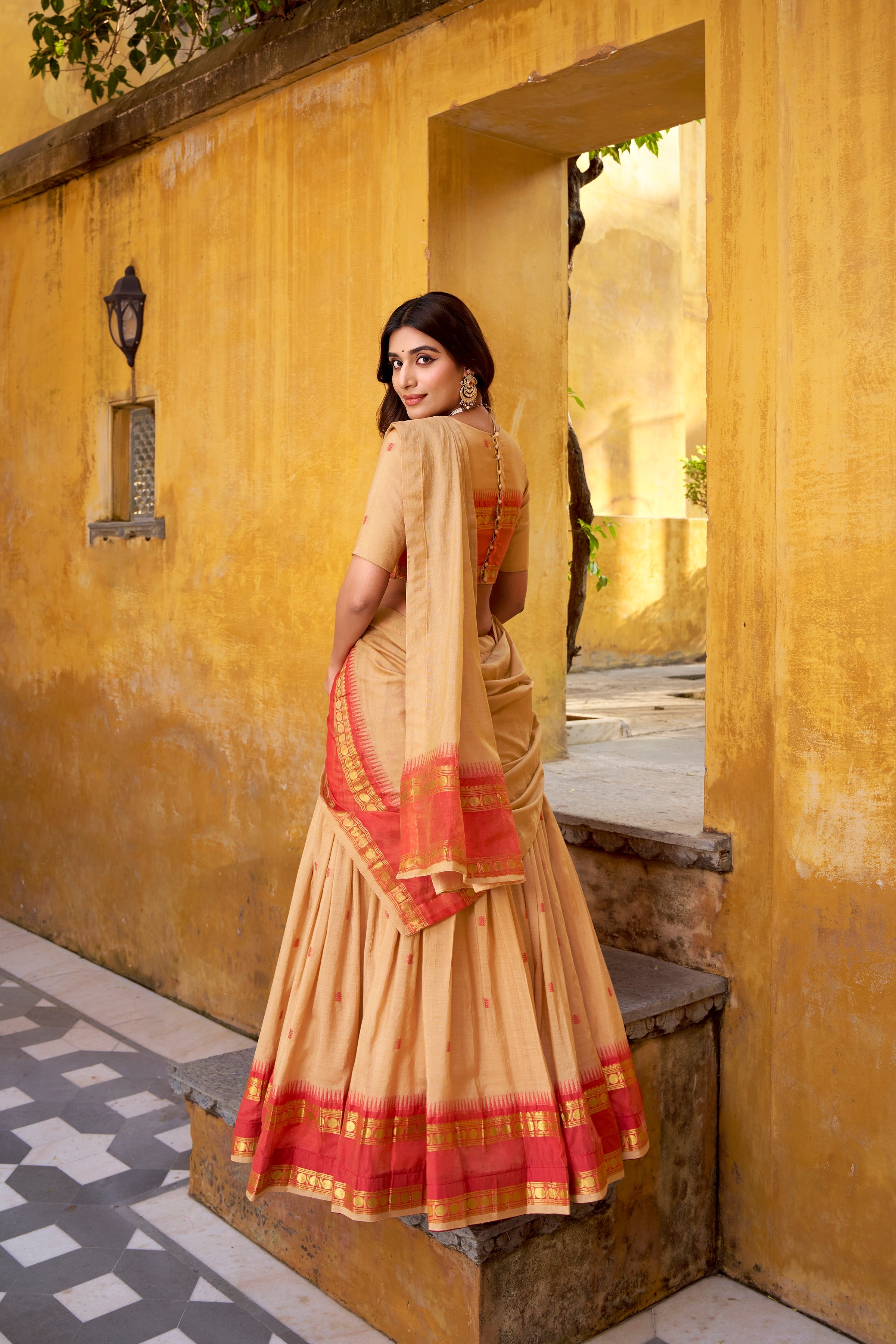 Nitriya Cream Color Pure Chanderi Zari Weaving Half Saree Lehenga Choli