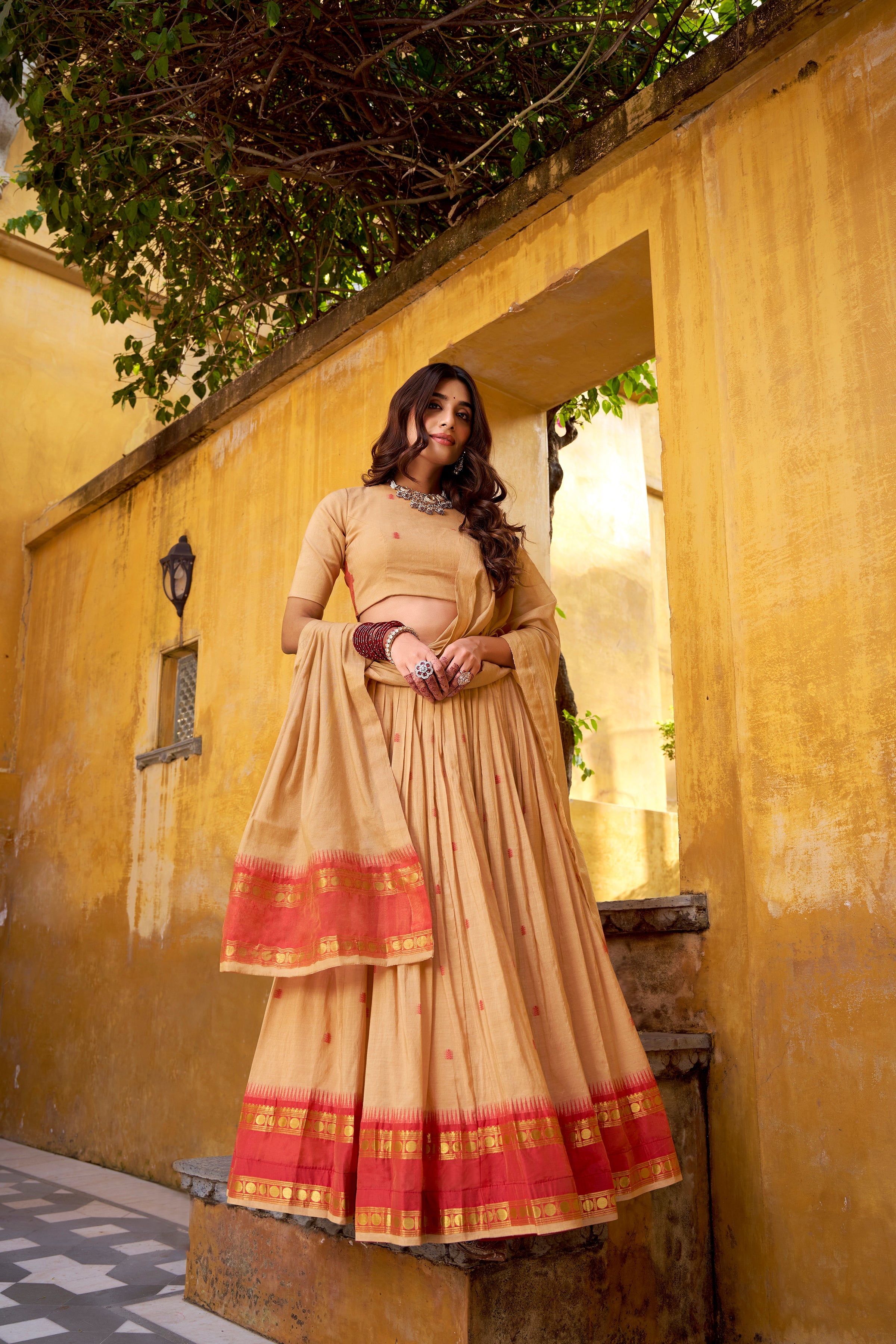 Nitriya Cream Color Pure Chanderi Zari Weaving Half Saree Lehenga Choli