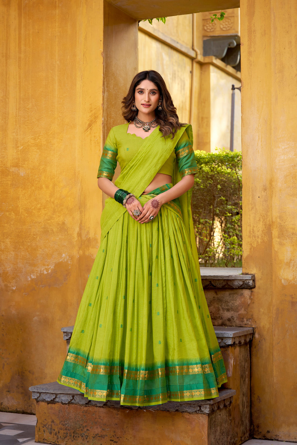 Nitriya green pure Chanderi zari weaving half saree lehenga choli
