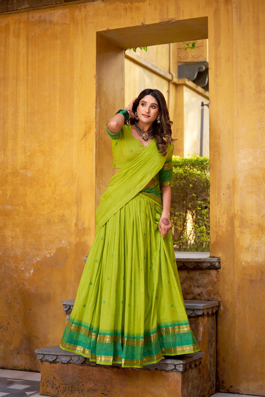 Nitriya green pure Chanderi zari weaving half saree lehenga choli