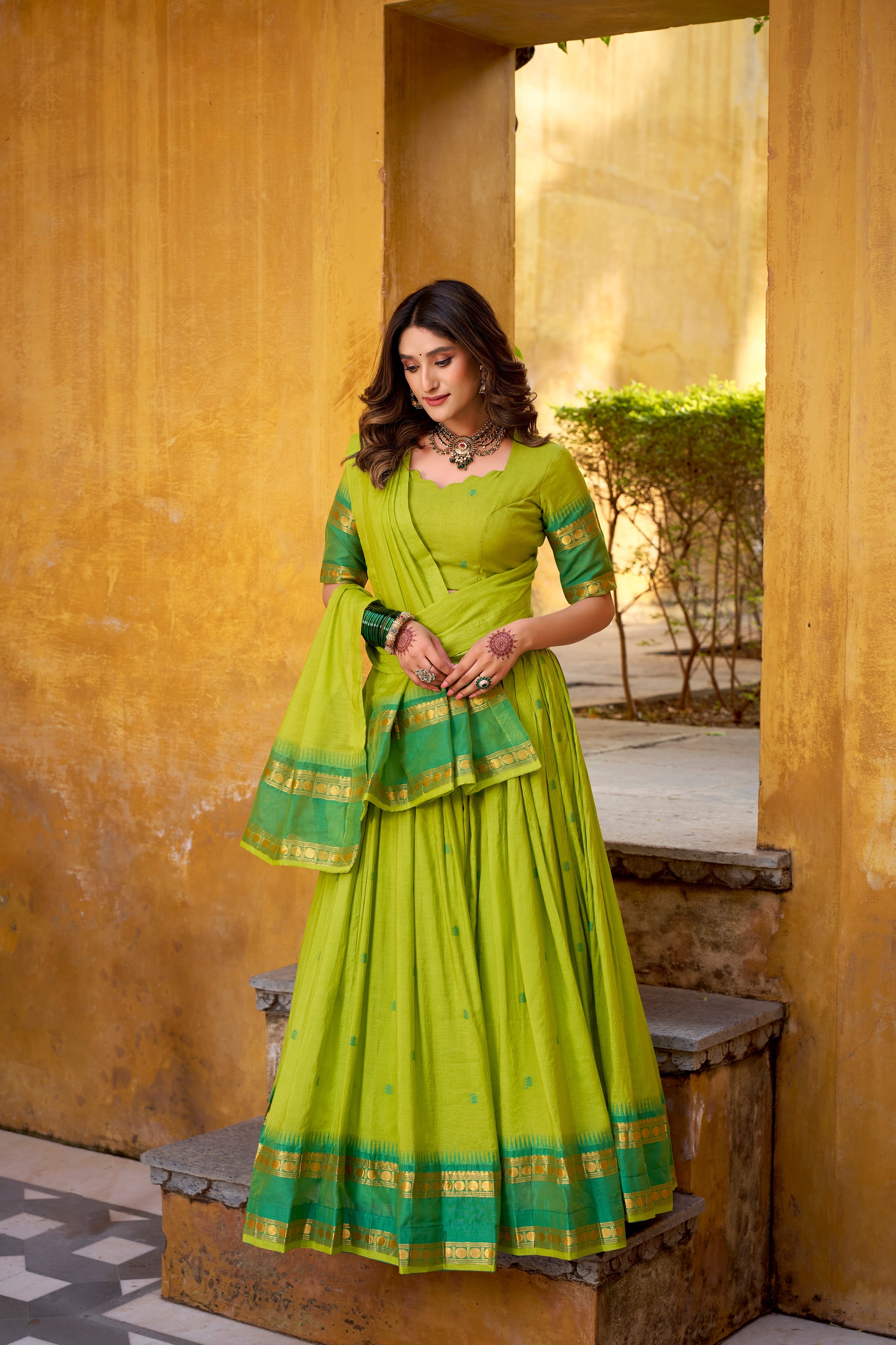 Nitriya green pure Chanderi zari weaving half saree lehenga choli