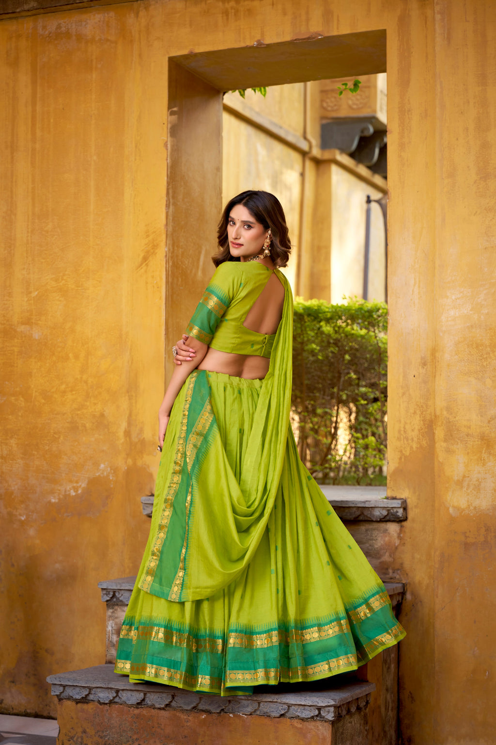 Nitriya green pure Chanderi zari weaving half saree lehenga choli