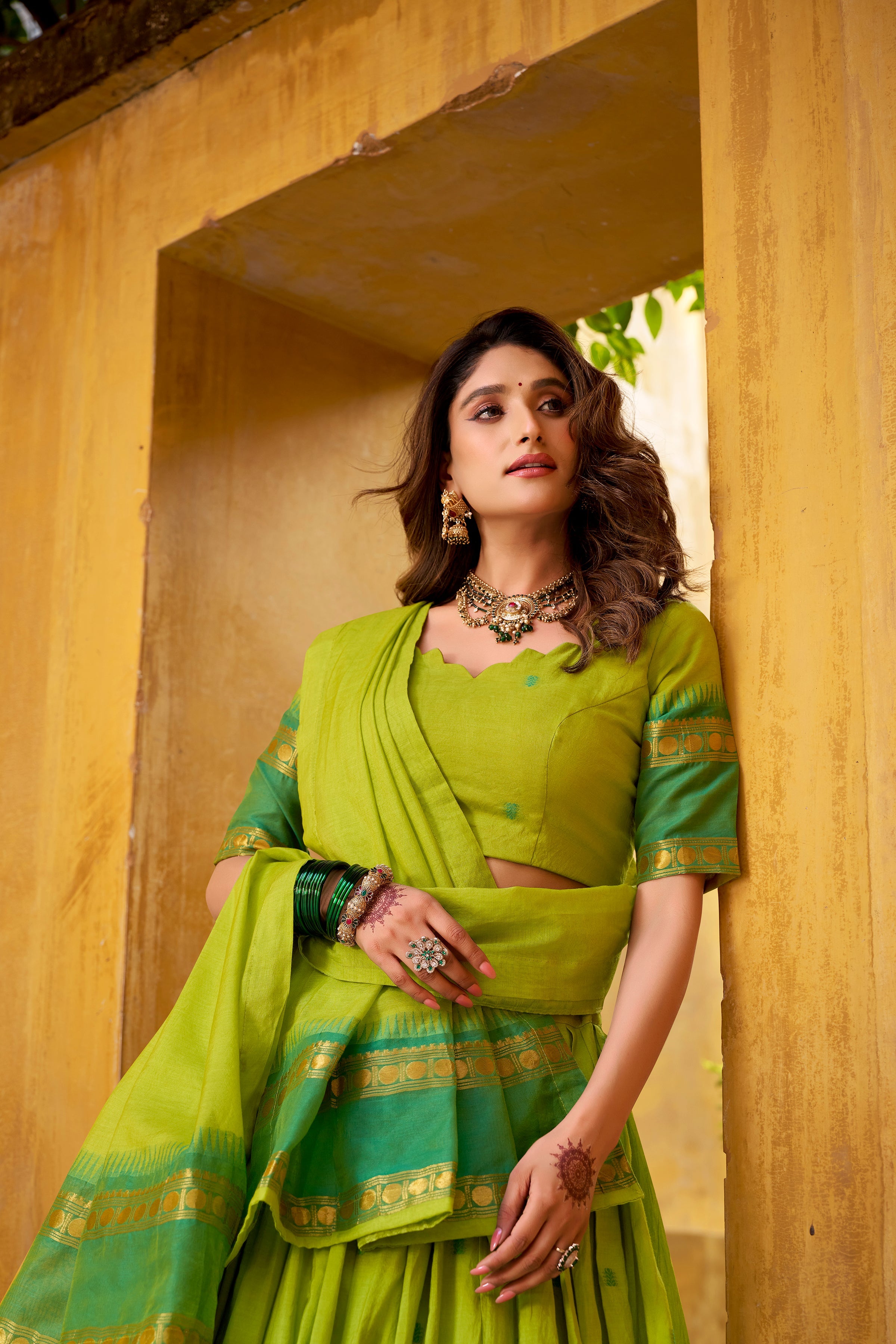 Nitriya green pure Chanderi zari weaving half saree lehenga choli