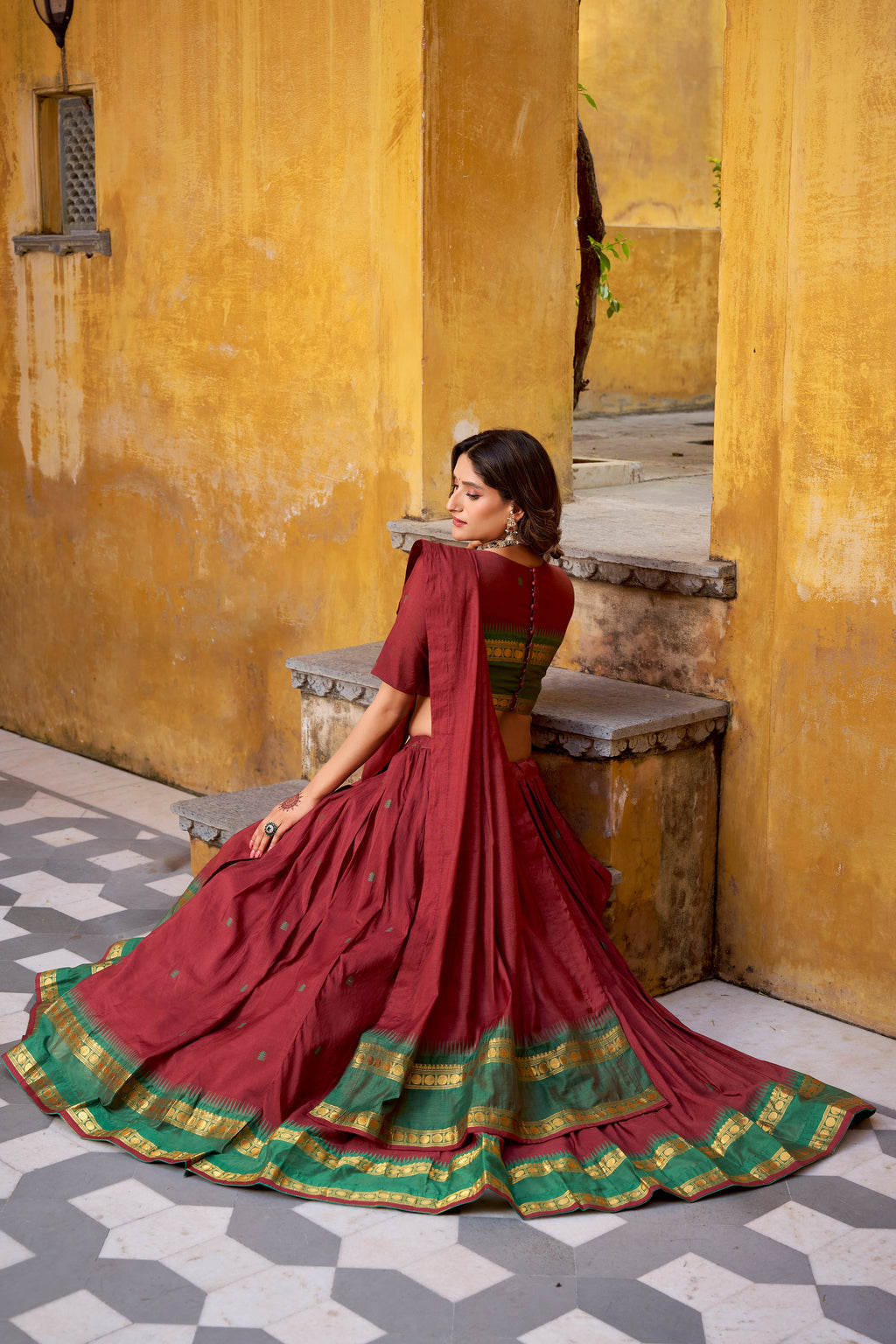 Nitriya teal pure Chanderi zari weaving half saree lehenga choli