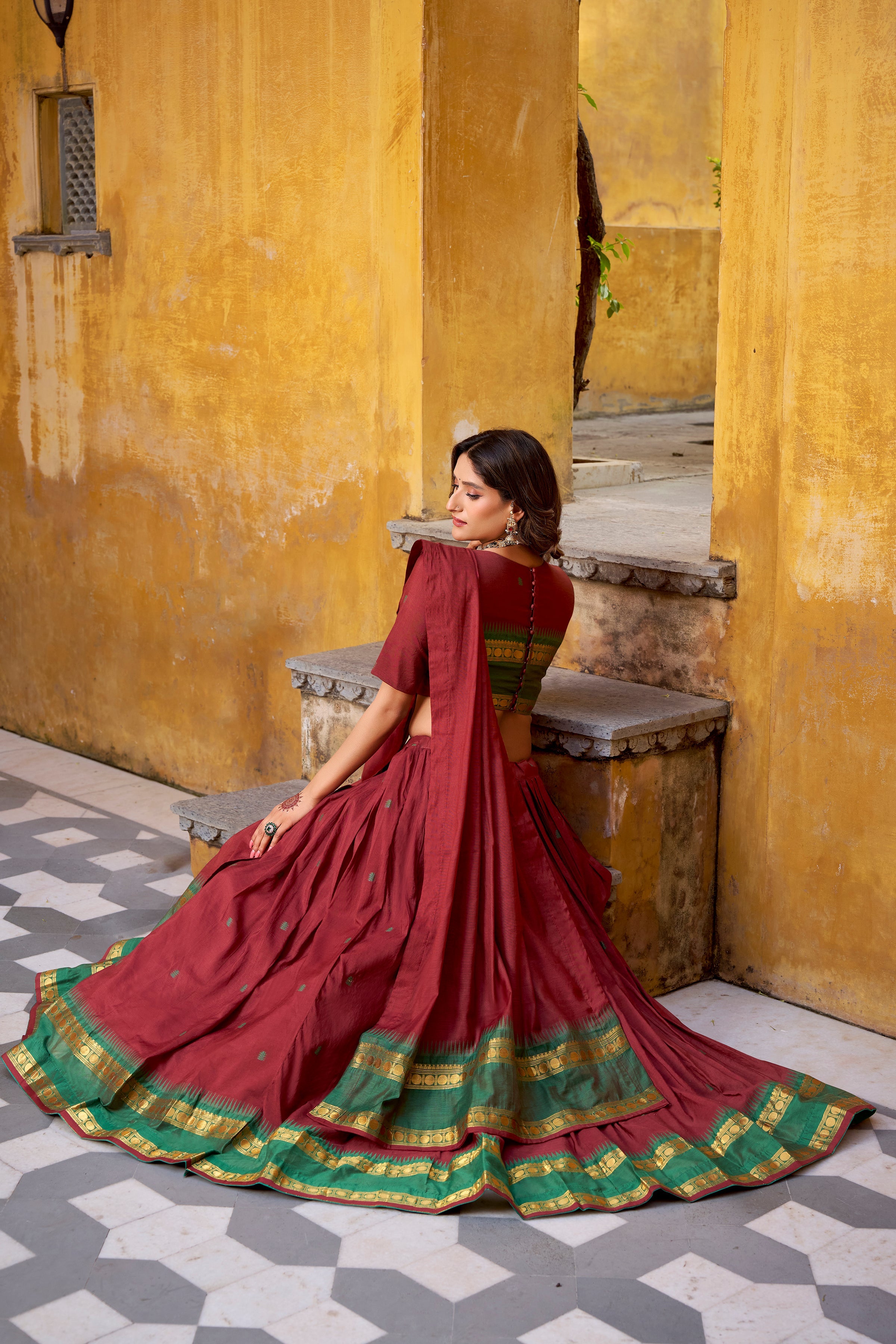 Nitriya teal pure Chanderi zari weaving half saree lehenga choli