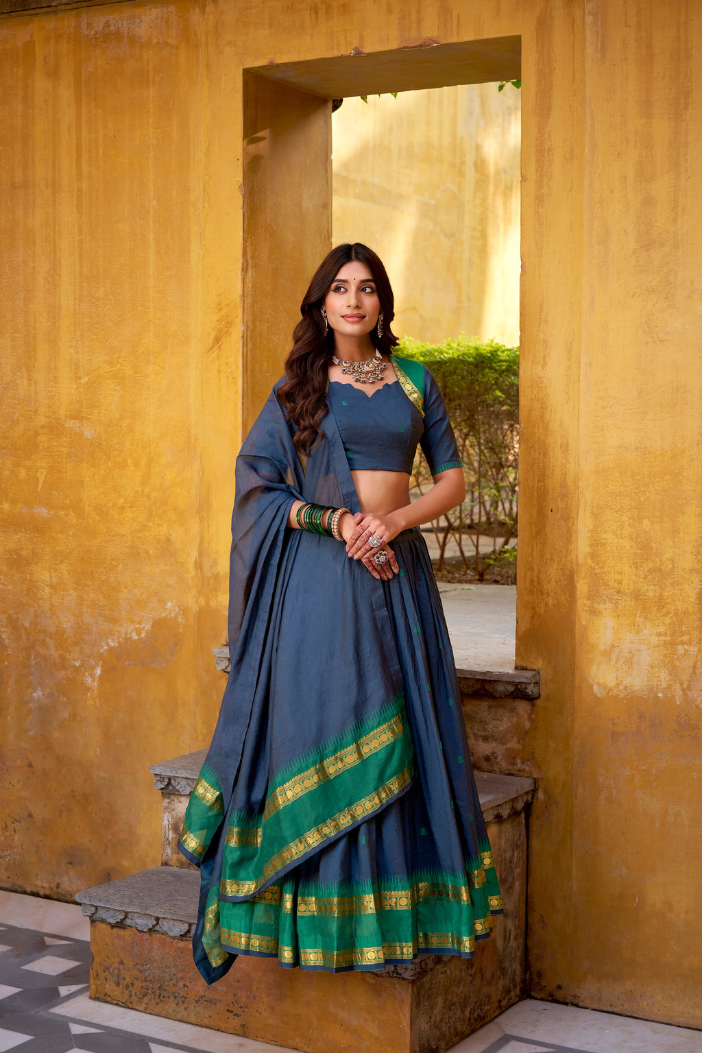 Nitriya navy blue pure Chanderi zari weaving half saree lehenga choli