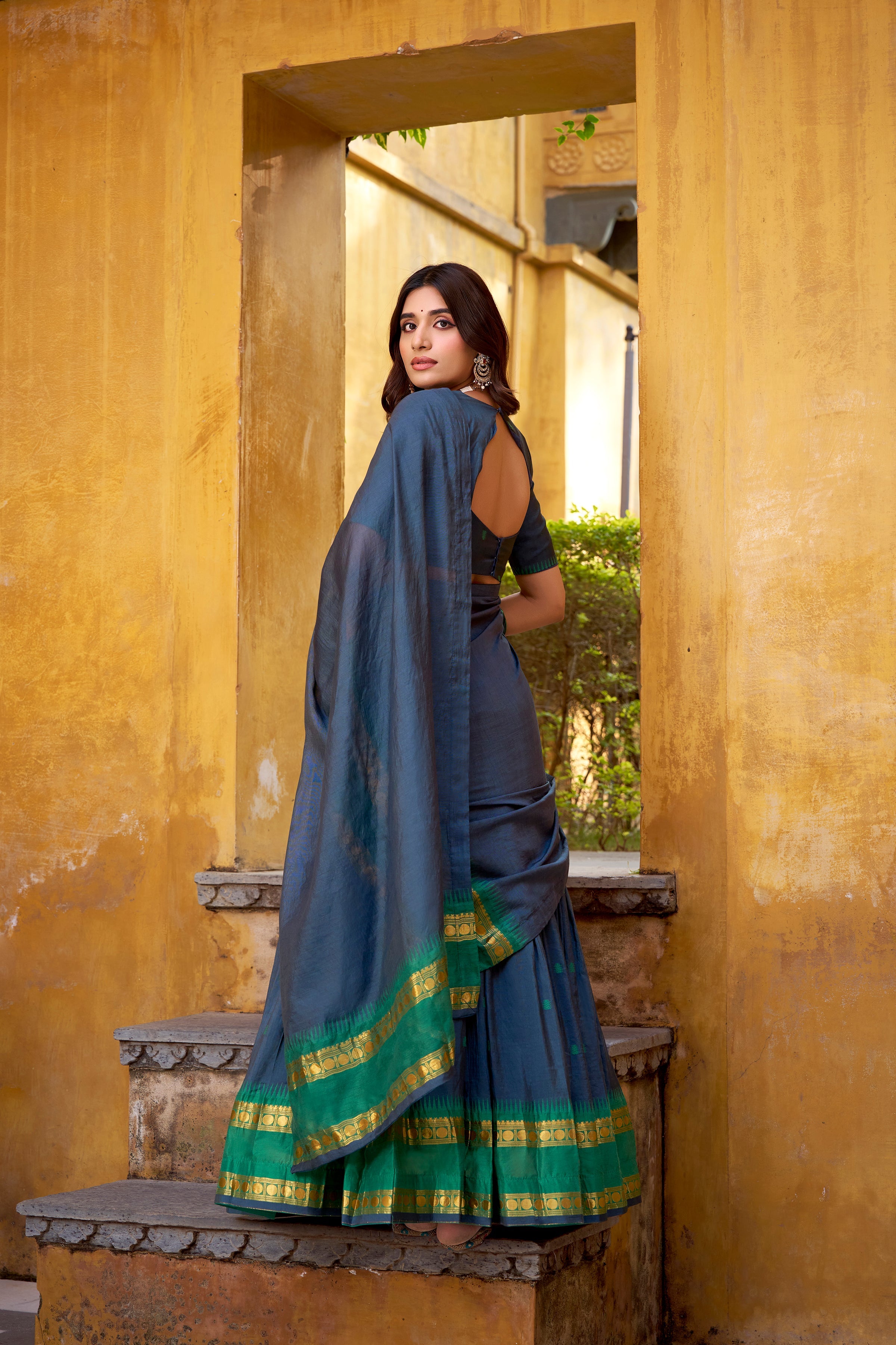 Nitriya navy blue pure Chanderi zari weaving half saree lehenga choli