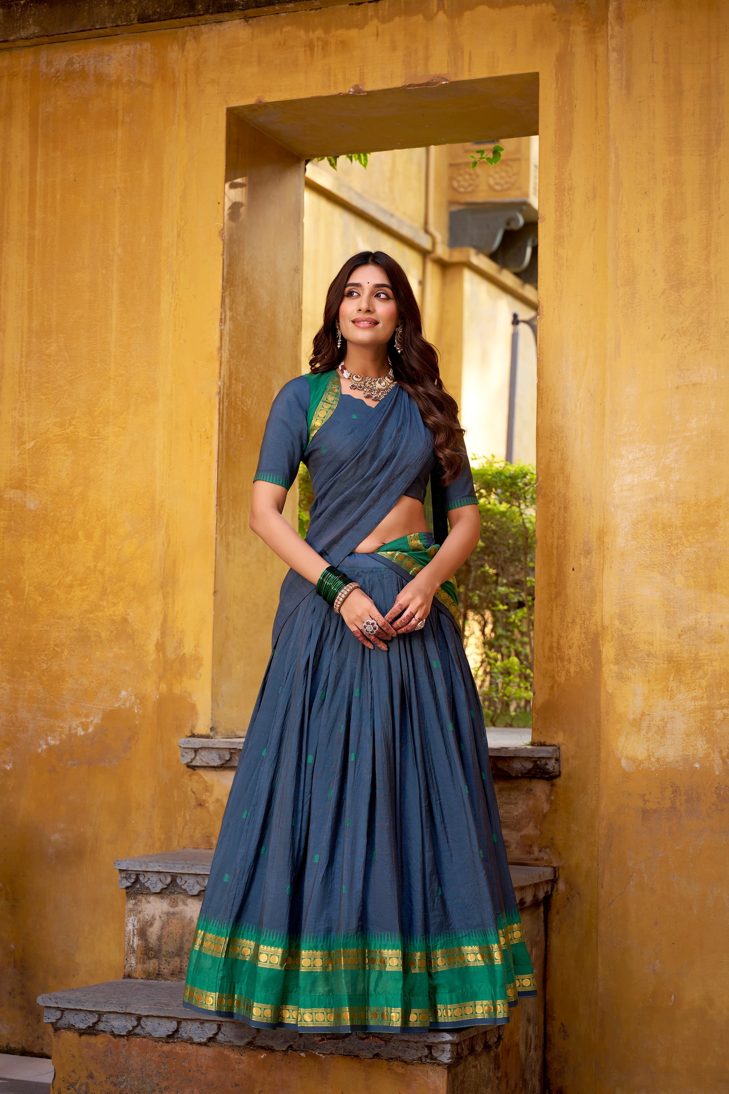 Nitriya navy blue pure Chanderi zari weaving half saree lehenga choli