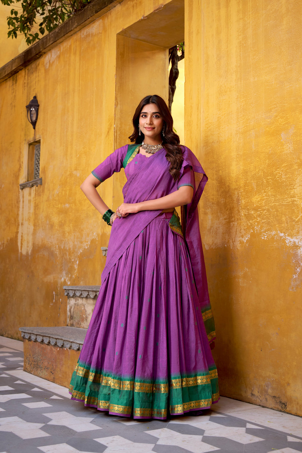 Nitriya purple pure Chanderi zari weaving half saree lehenga choli
