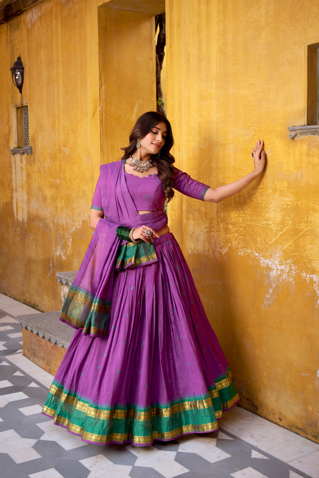 Nitriya purple pure Chanderi zari weaving half saree lehenga choli