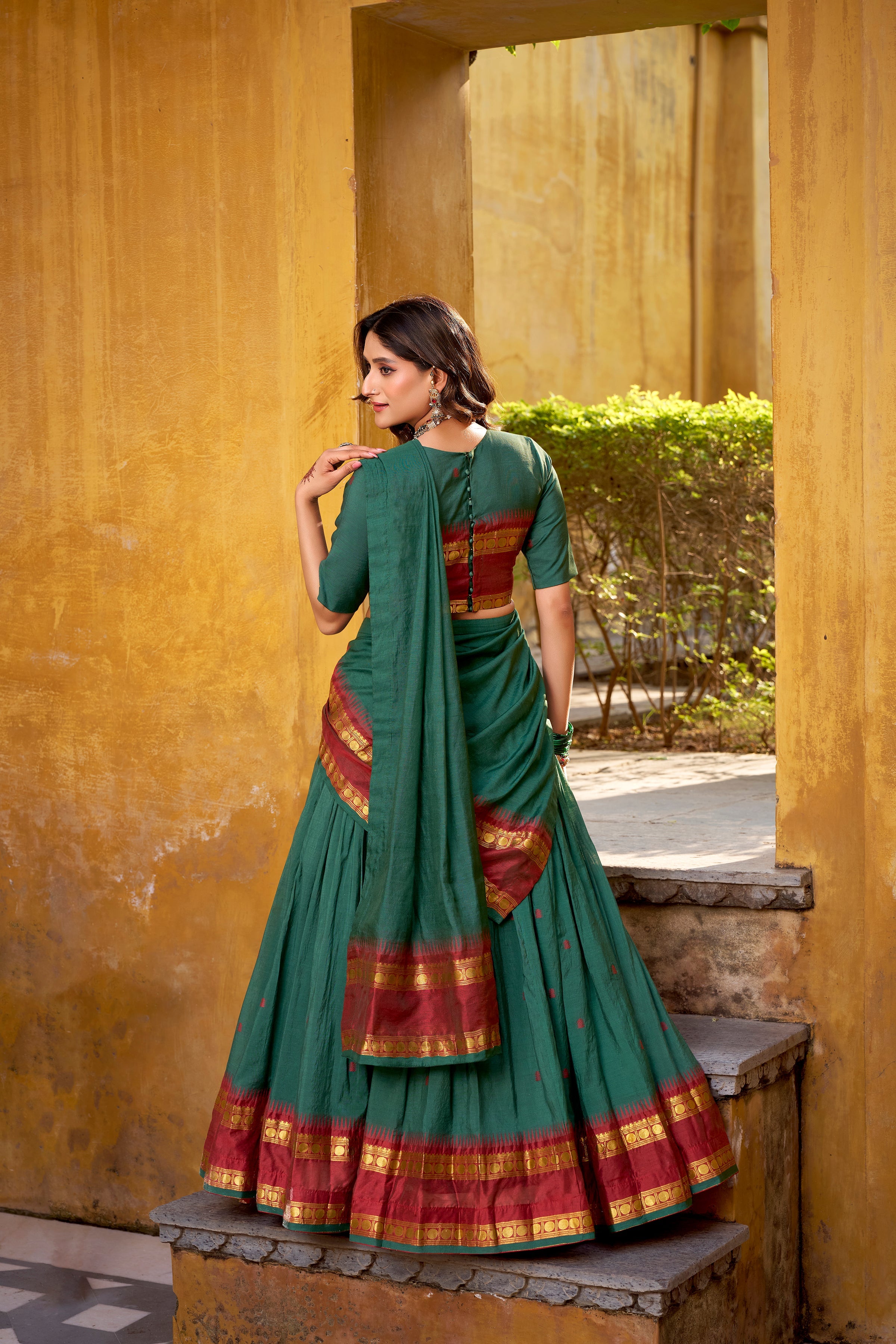 Nitriya teal pure Chanderi zari weaving half saree lehenga choli
