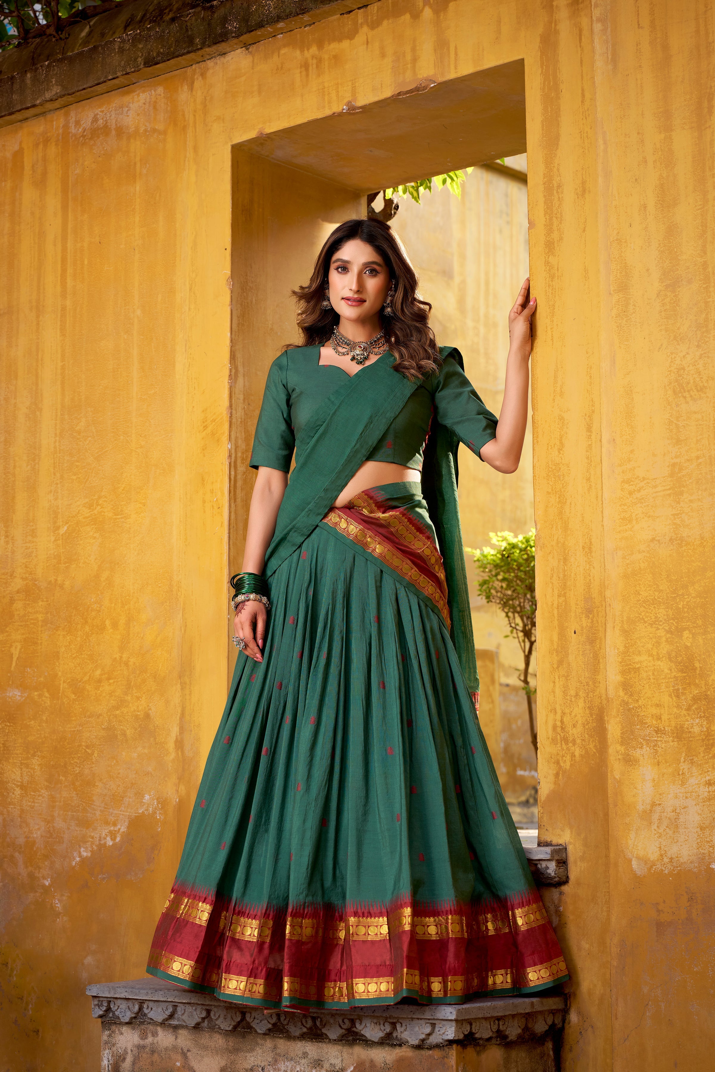 Nitriya teal pure Chanderi zari weaving half saree lehenga choli