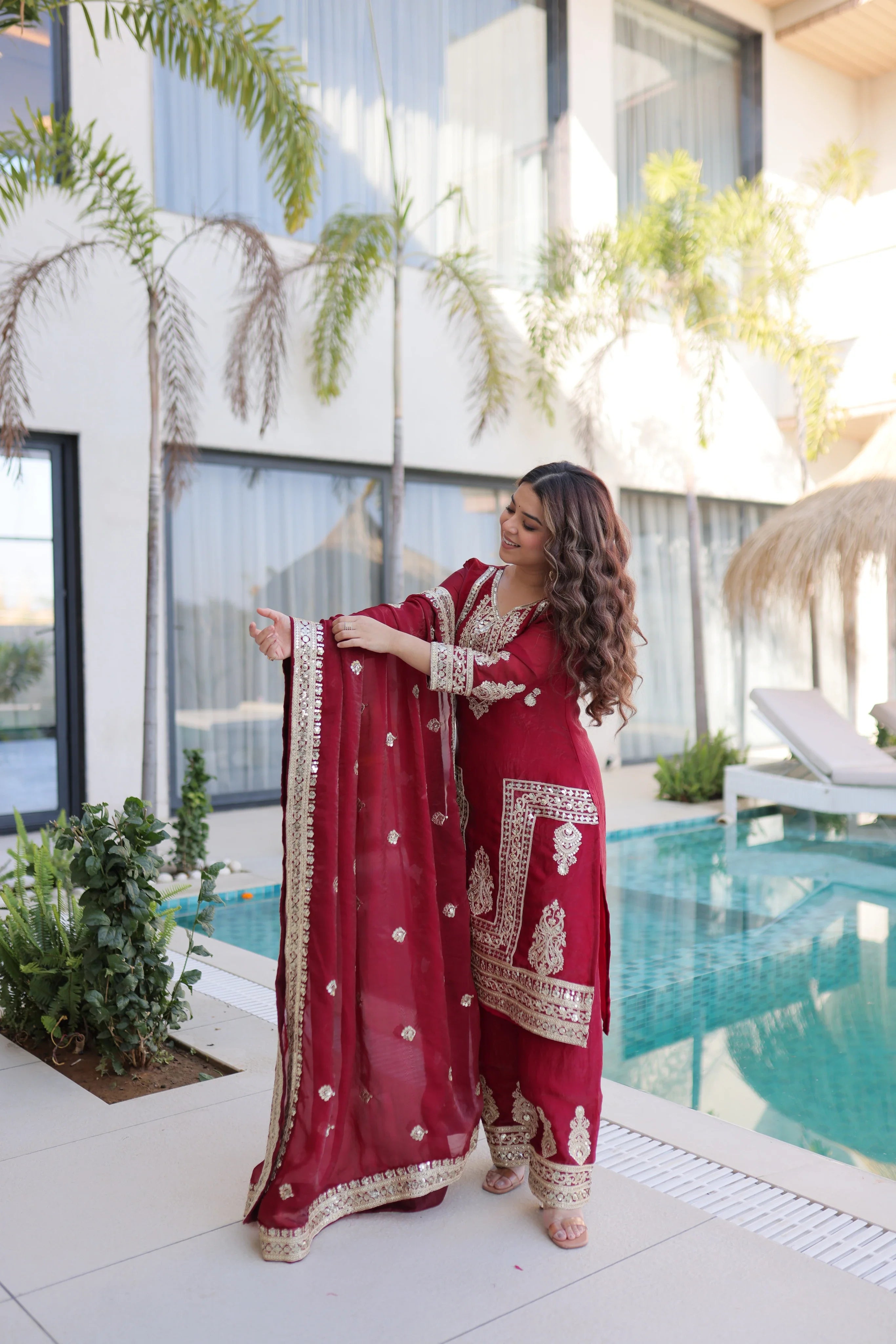 Nysika maroon Fendi silk kurti set with coding sequins embroidery