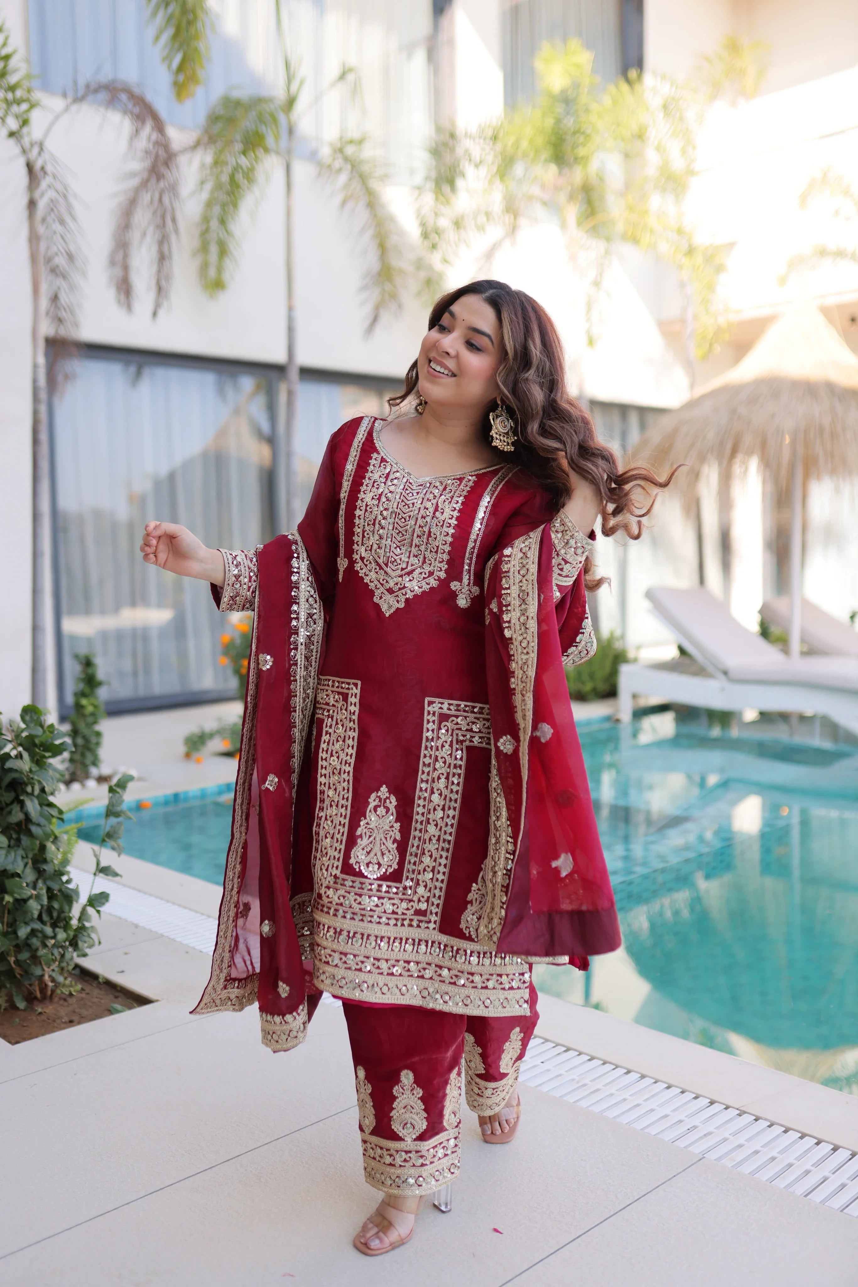 Nysika maroon Fendi silk kurti set with coding sequins embroidery