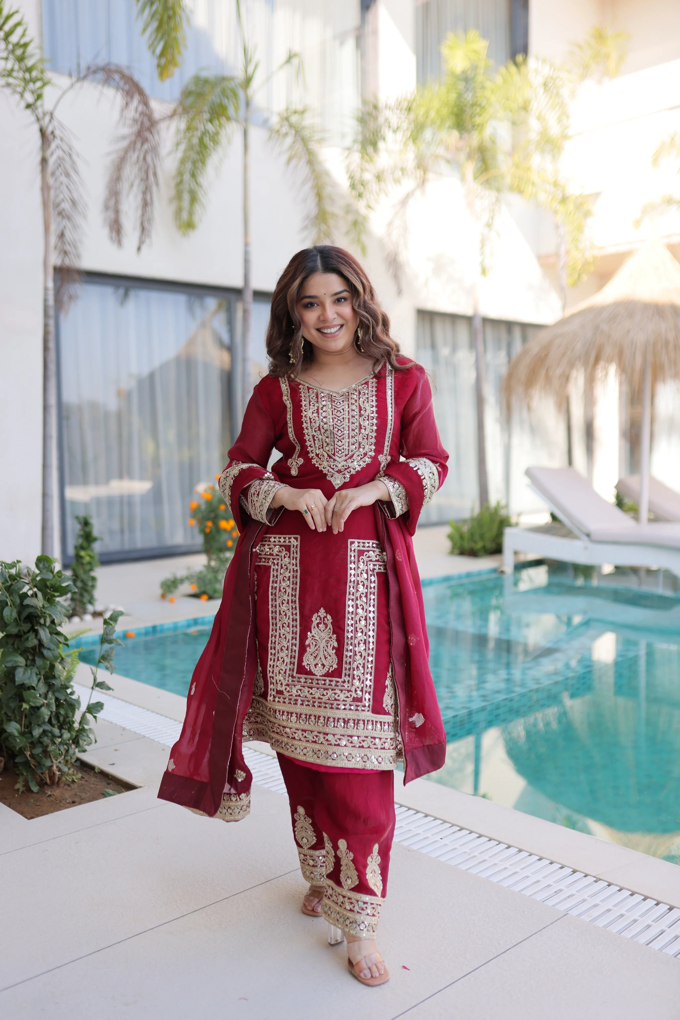 Nysika maroon Fendi silk kurti set with coding sequins embroidery