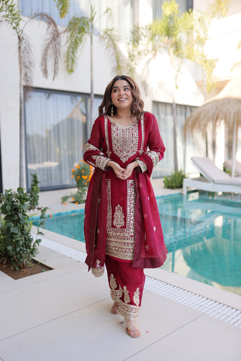 Nysika maroon Fendi silk kurti set with coding sequins embroidery
