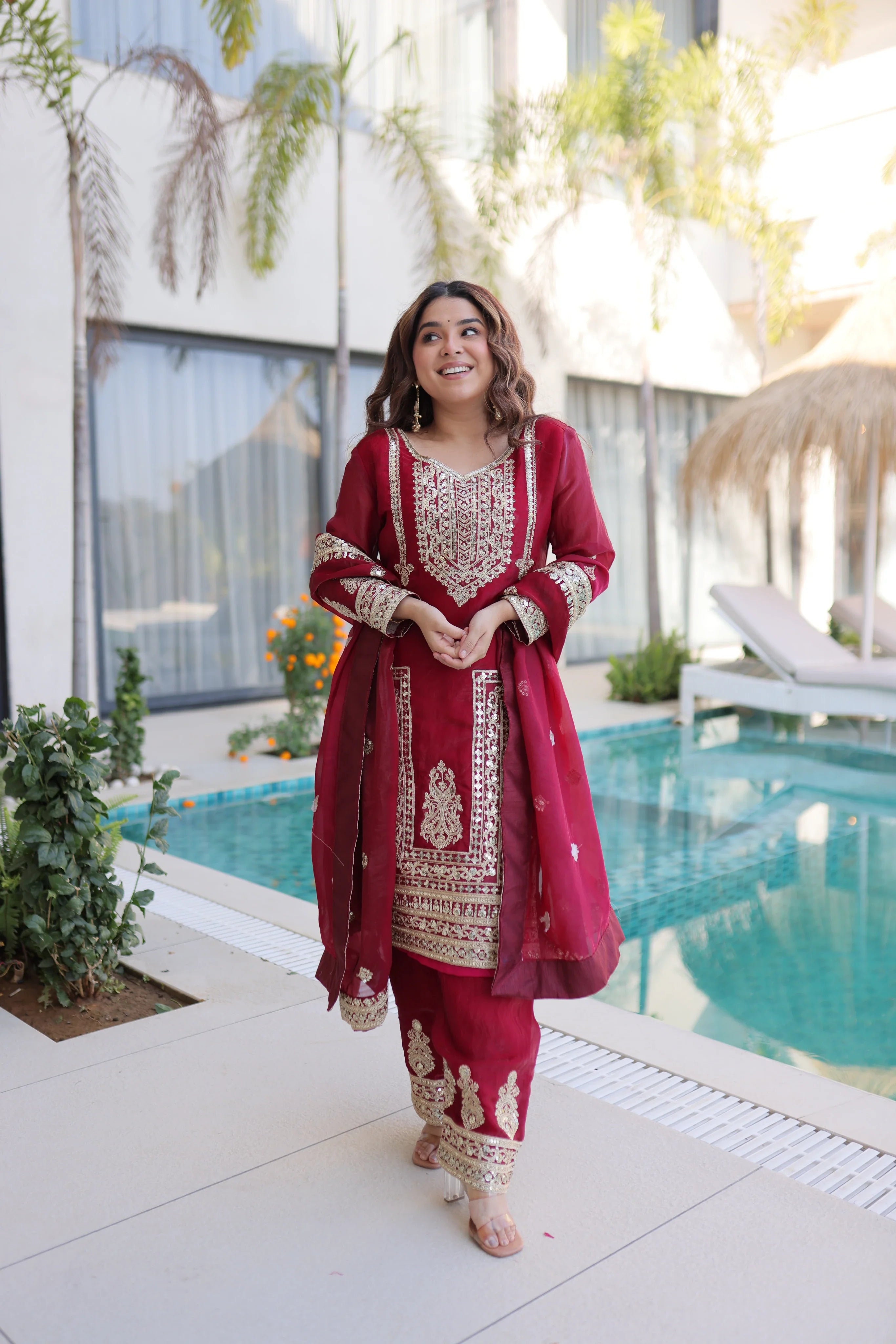 Nysika maroon Fendi silk kurti set with coding sequins embroidery