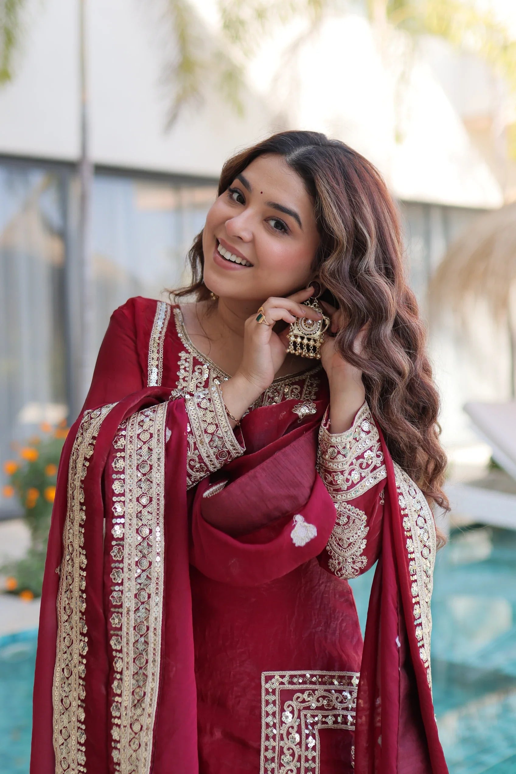 Nysika maroon Fendi silk kurti set with coding sequins embroidery