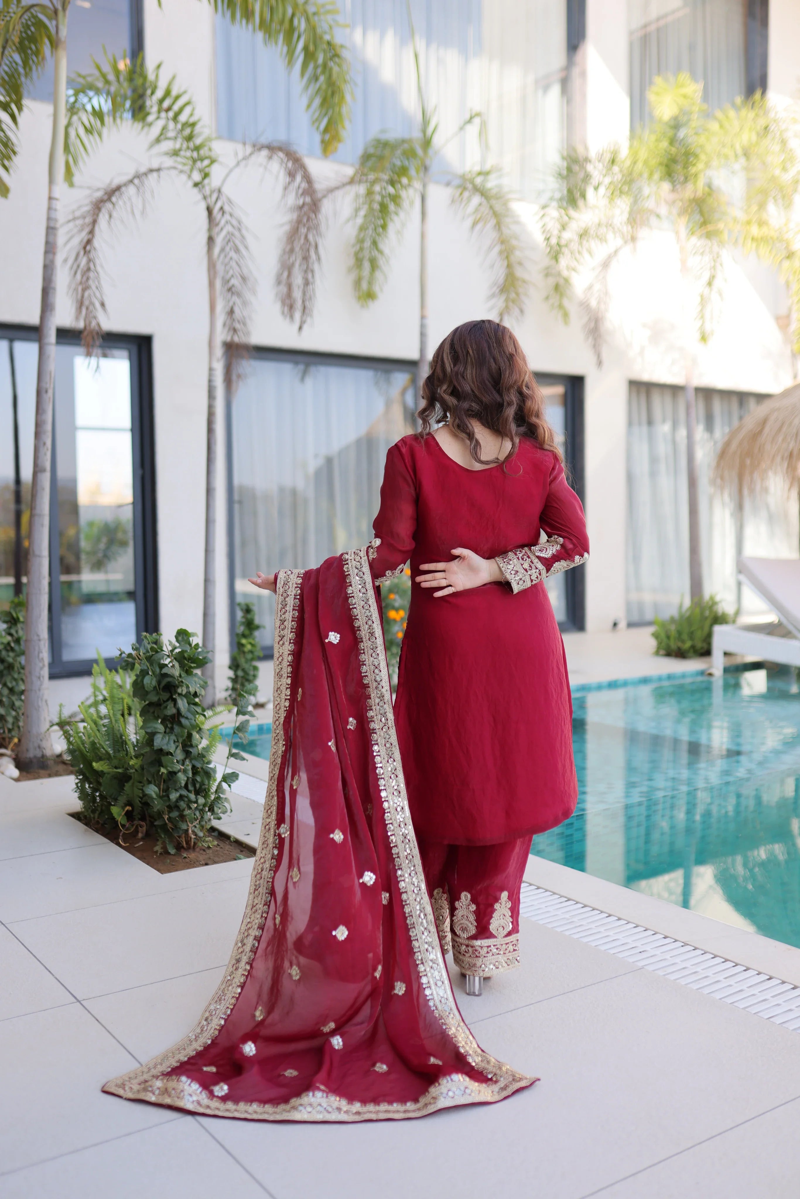 Nysika maroon Fendi silk kurti set with coding sequins embroidery