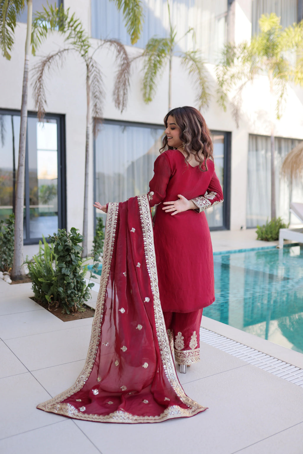 Nysika maroon Fendi silk kurti set with coding sequins embroidery