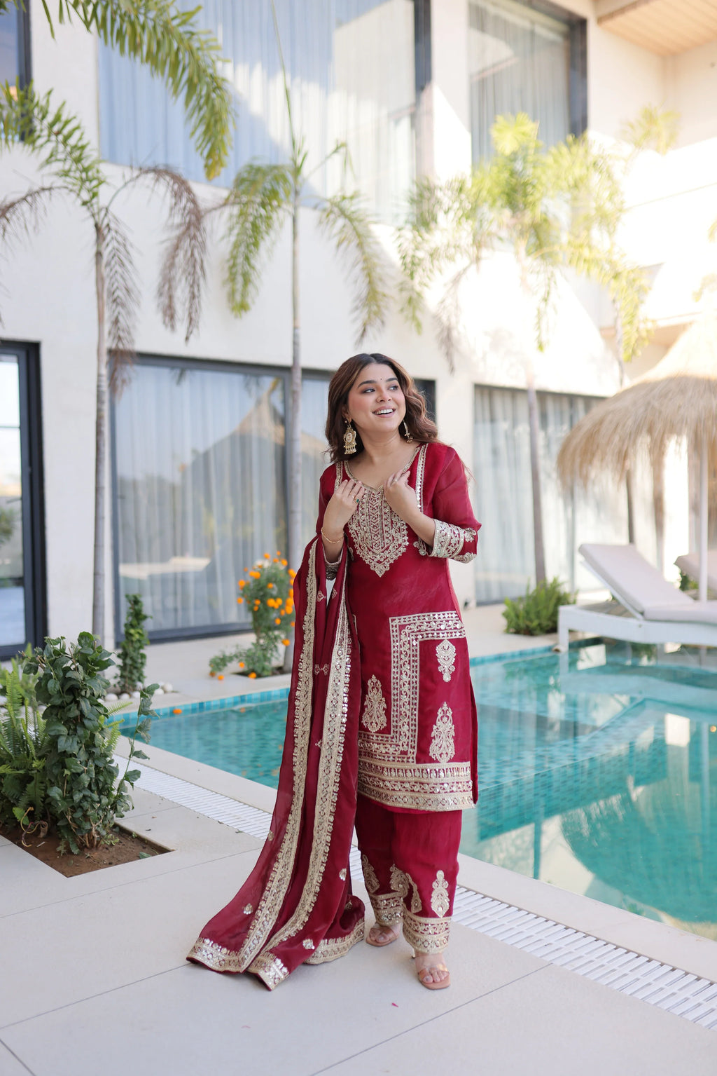 Nysika maroon Fendi silk kurti set with coding sequins embroidery