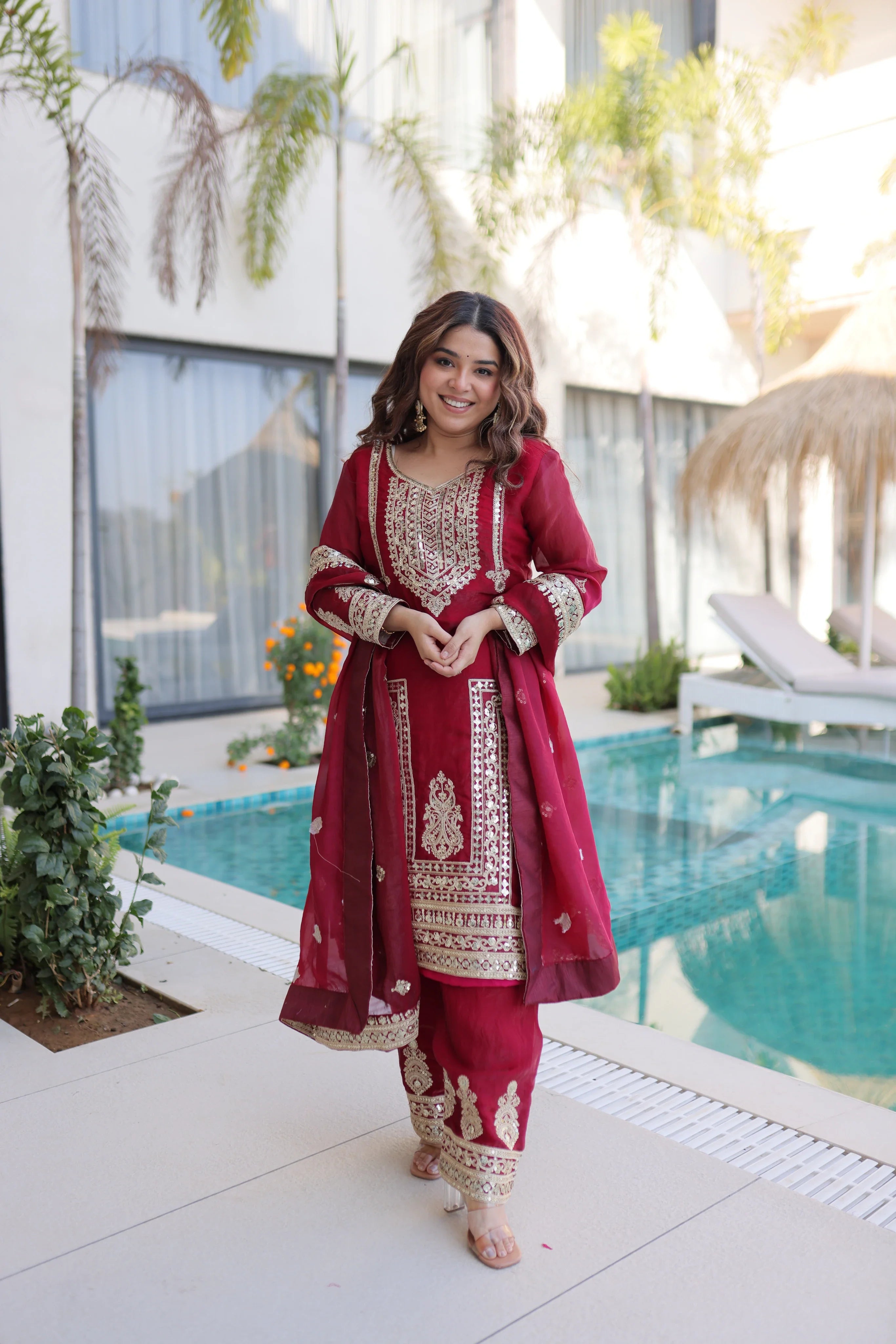 Nysika maroon Fendi silk kurti set with coding sequins embroidery