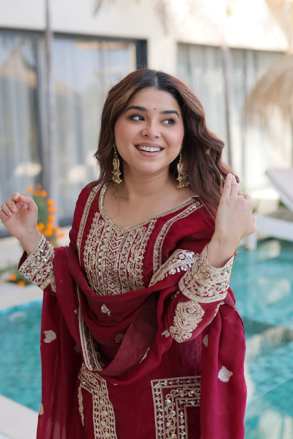 Nysika maroon Fendi silk kurti set with coding sequins embroidery
