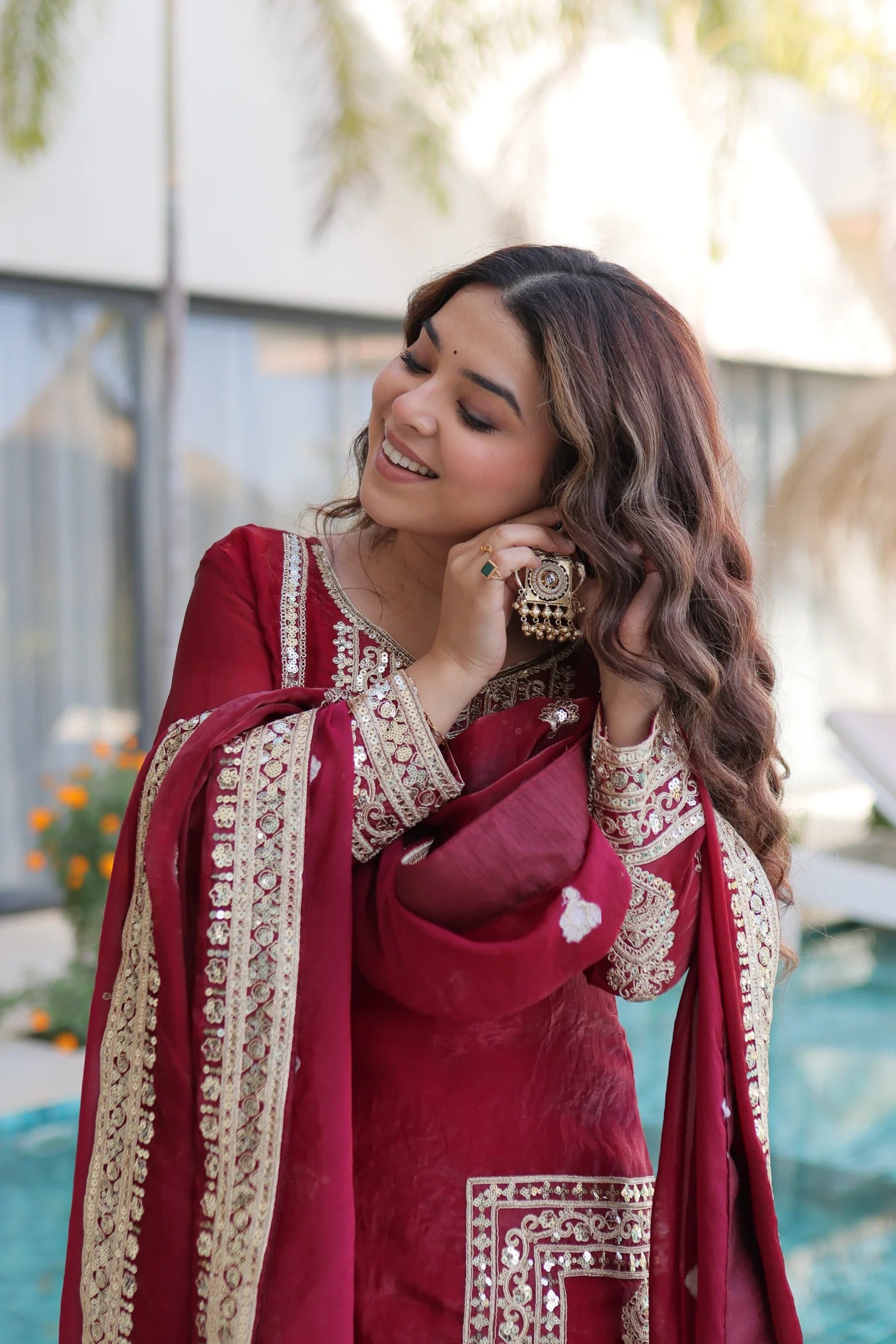Nysika maroon Fendi silk kurti set with coding sequins embroidery