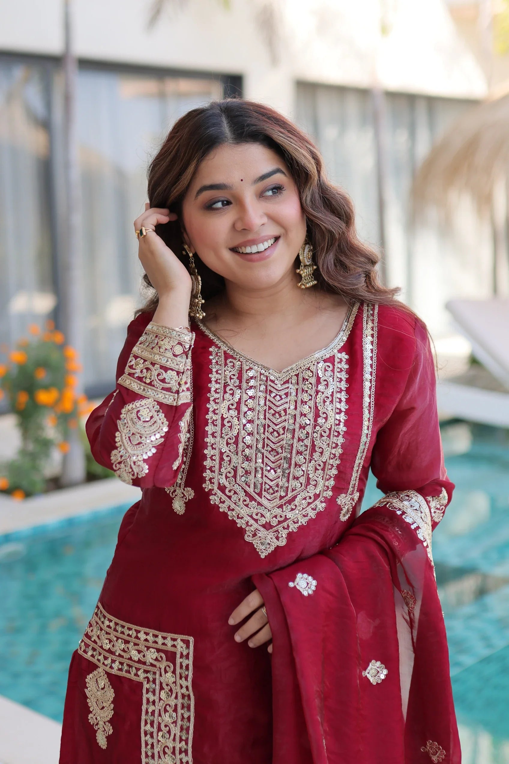 Nysika maroon Fendi silk kurti set with coding sequins embroidery