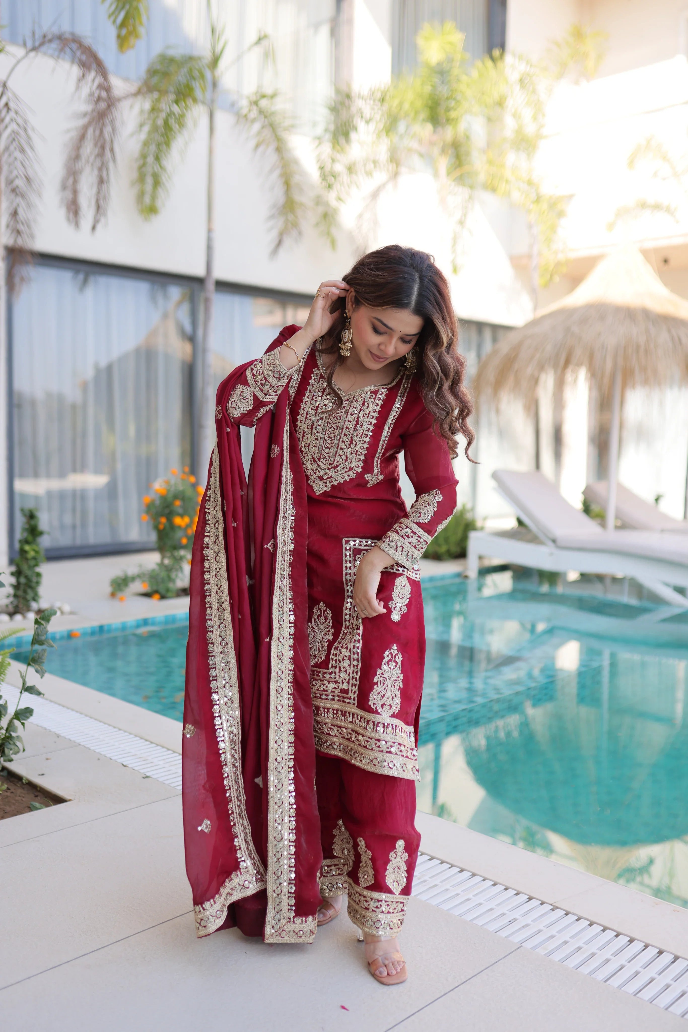 Nysika maroon Fendi silk kurti set with coding sequins embroidery