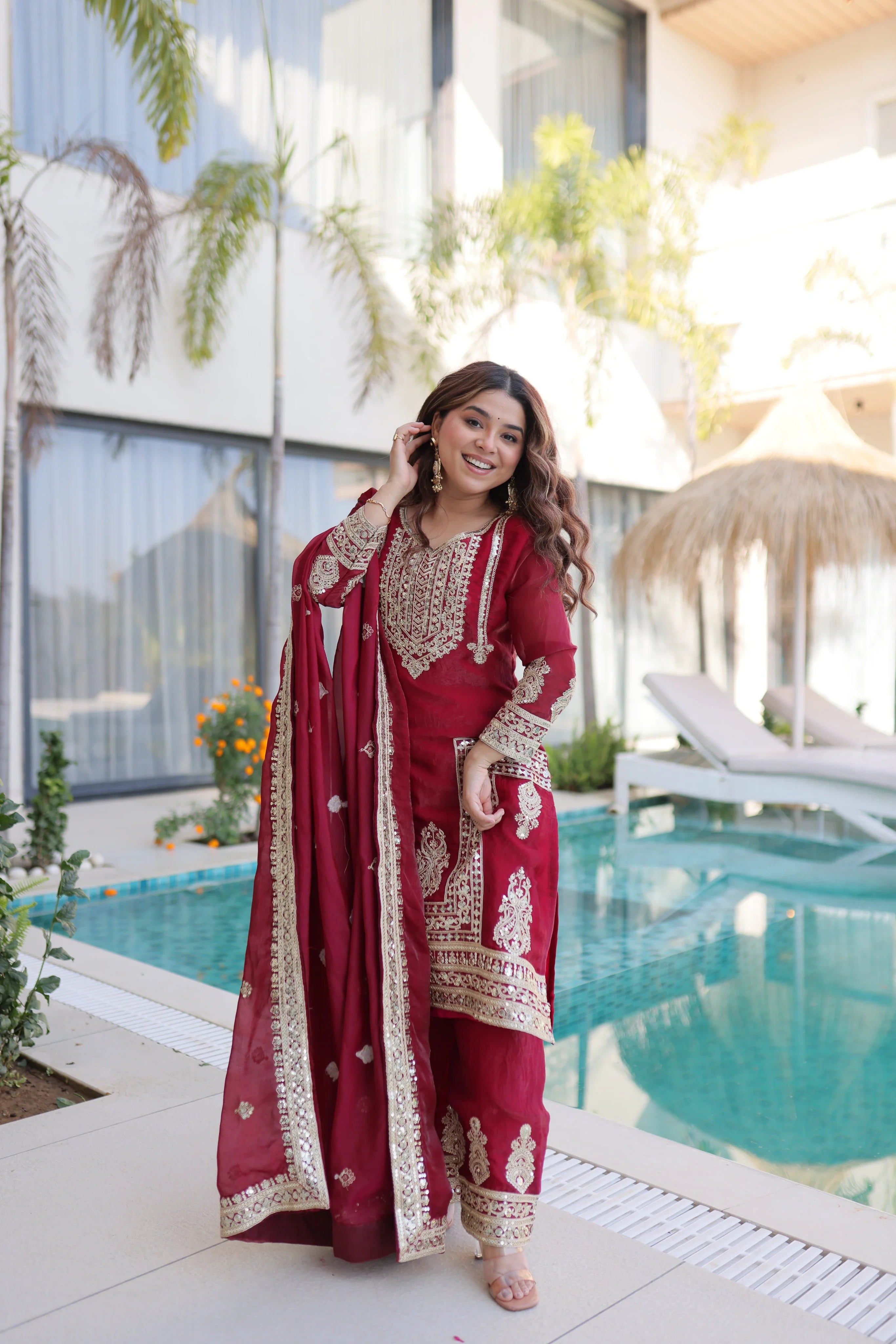Nysika maroon Fendi silk kurti set with coding sequins embroidery