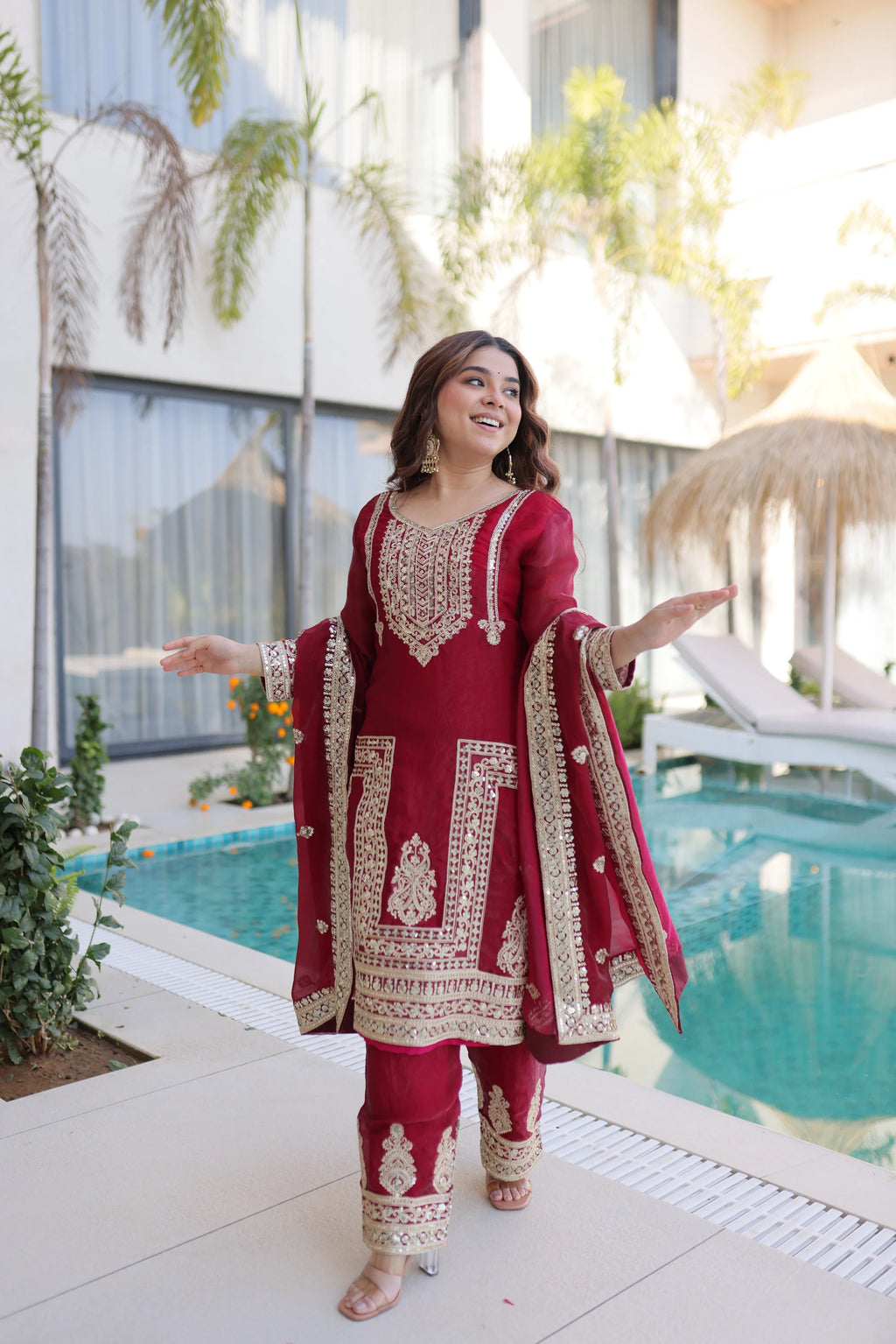 Nysika maroon Fendi silk kurti set with coding sequins embroidery