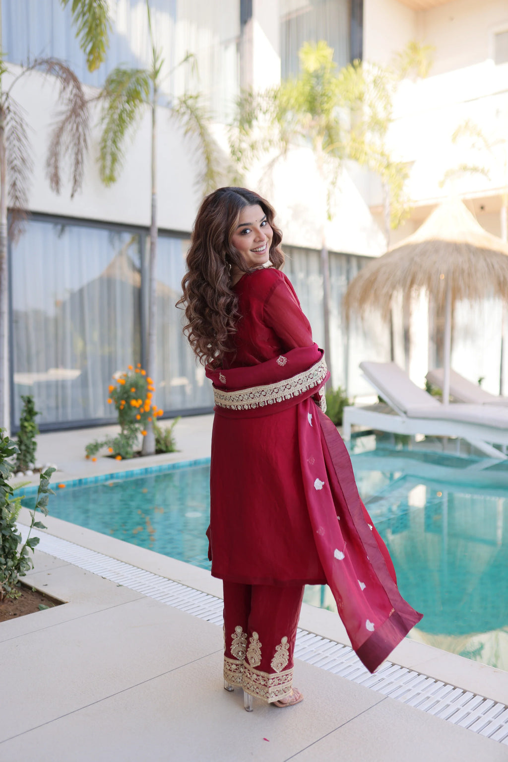 Nysika maroon Fendi silk kurti set with coding sequins embroidery