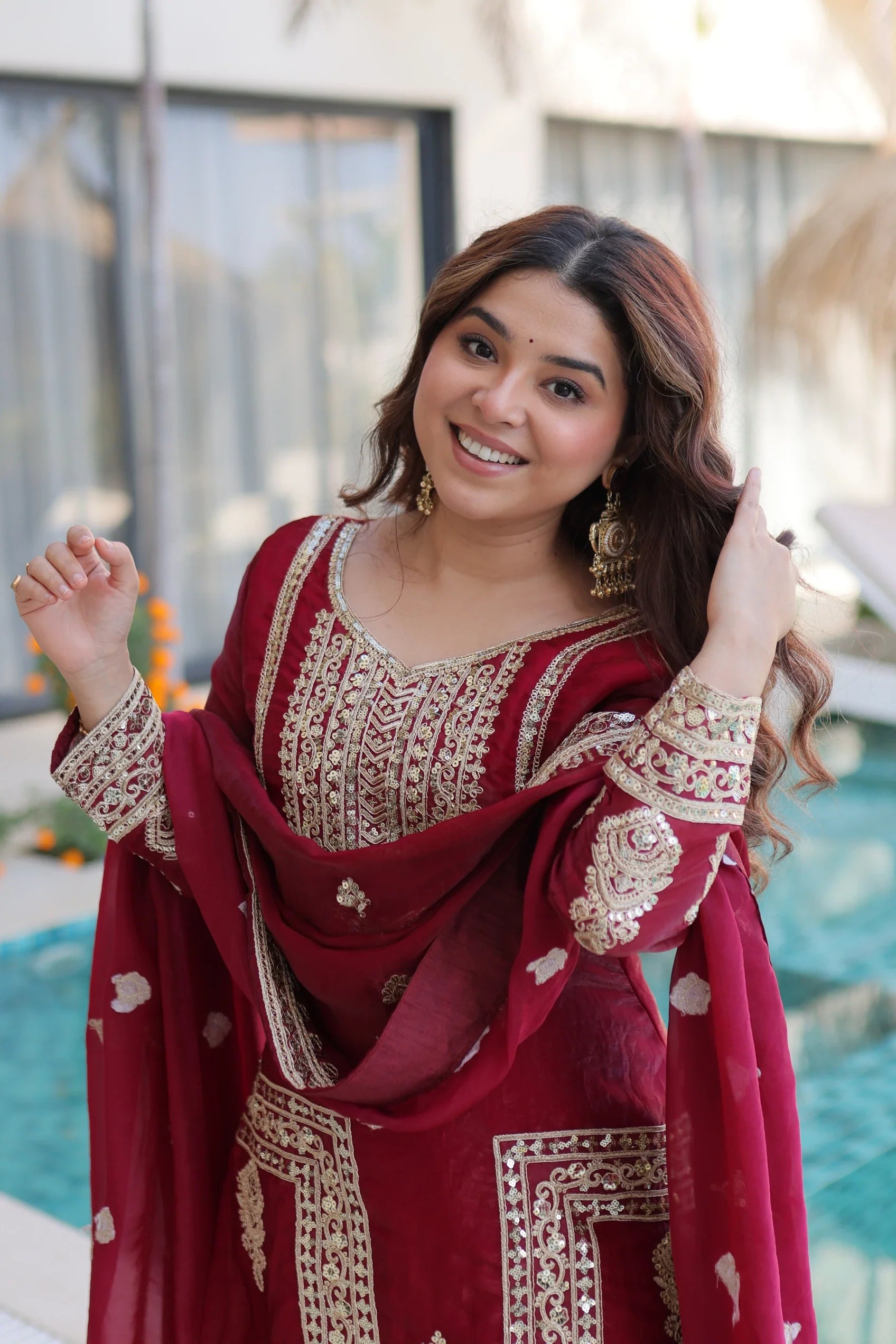 Nysika maroon Fendi silk kurti set with coding sequins embroidery