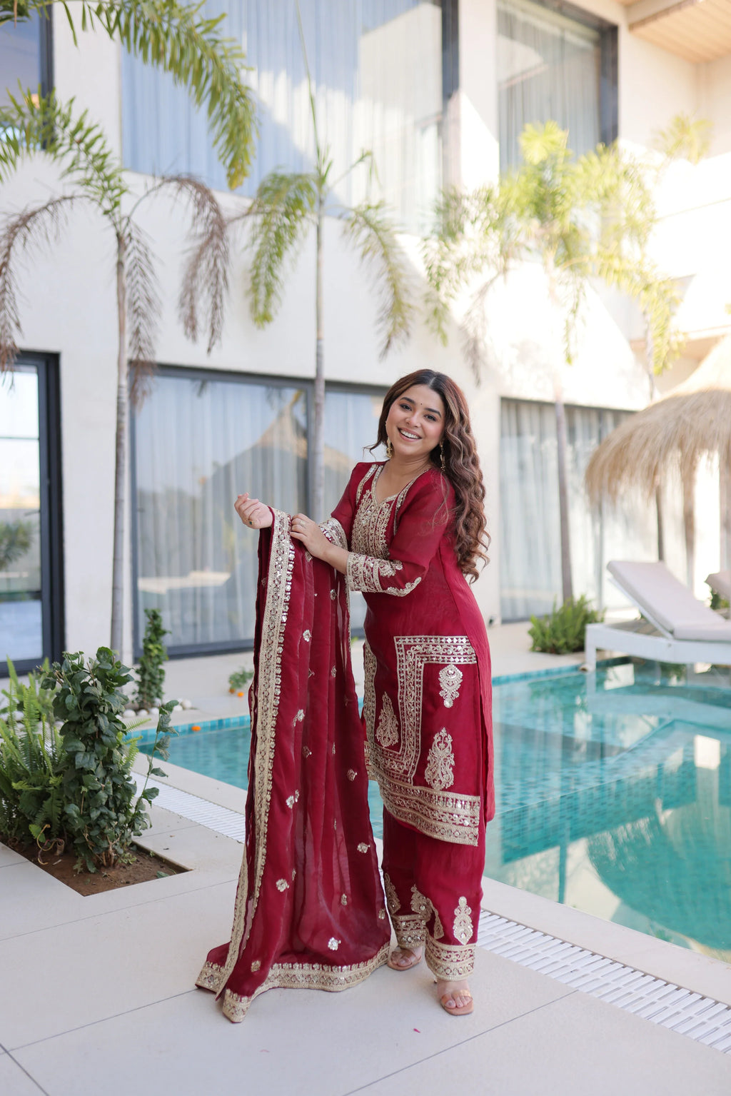 Nysika maroon Fendi silk kurti set with coding sequins embroidery
